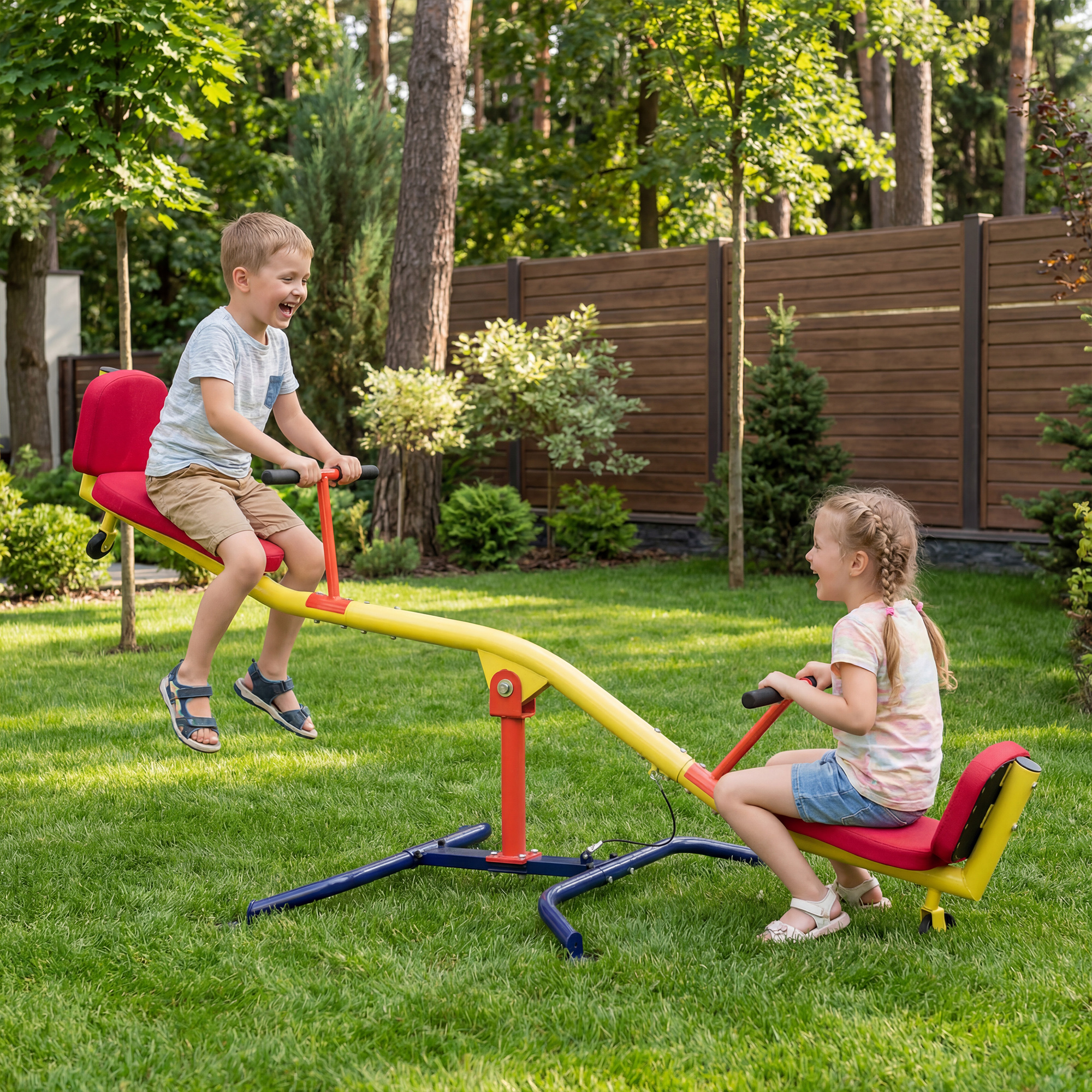 Due bambini che ridono su un'altalena gialla e rossa in un giardino sull'erba verde.