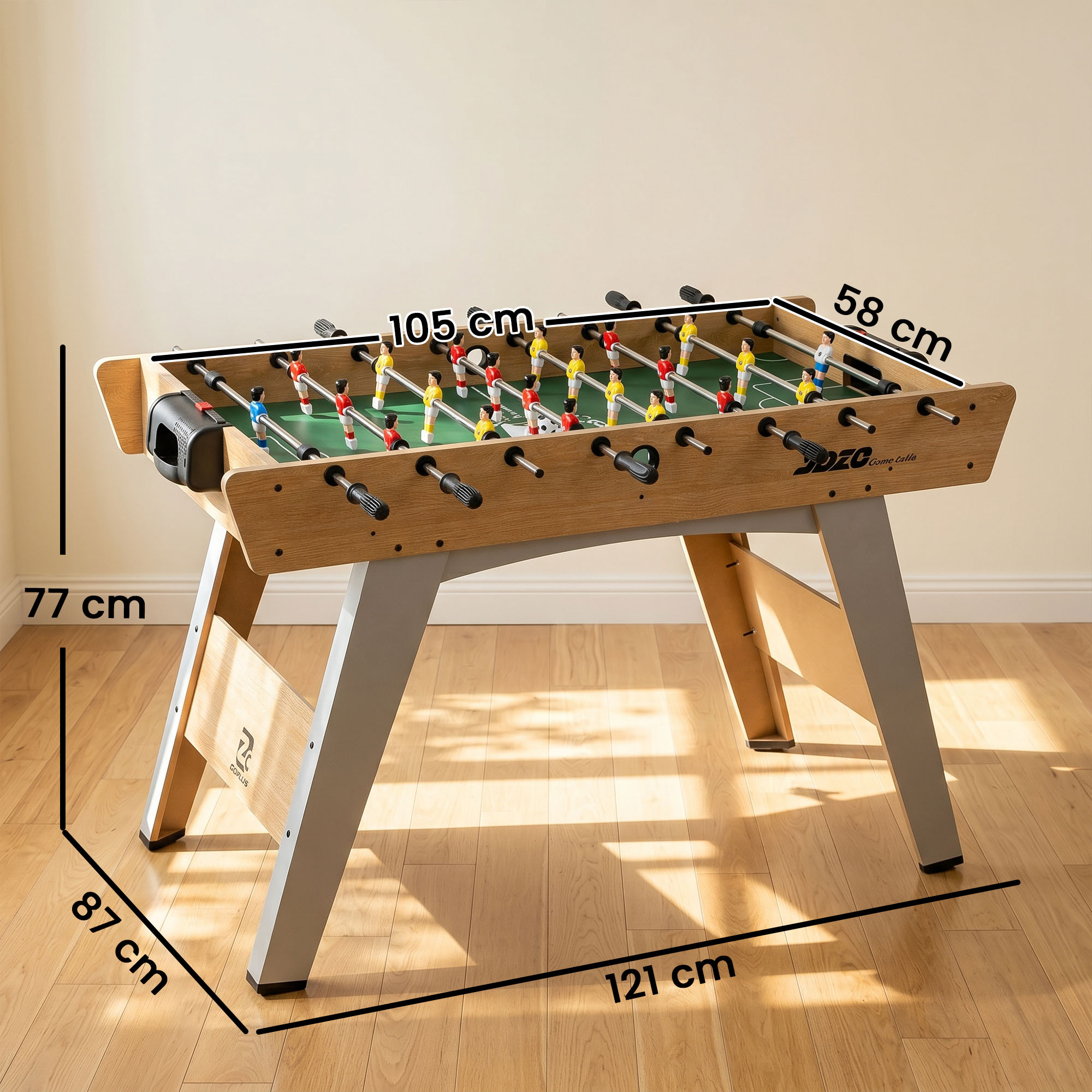 Un calcetto misura 105x58x77cm su pavimento in legno.