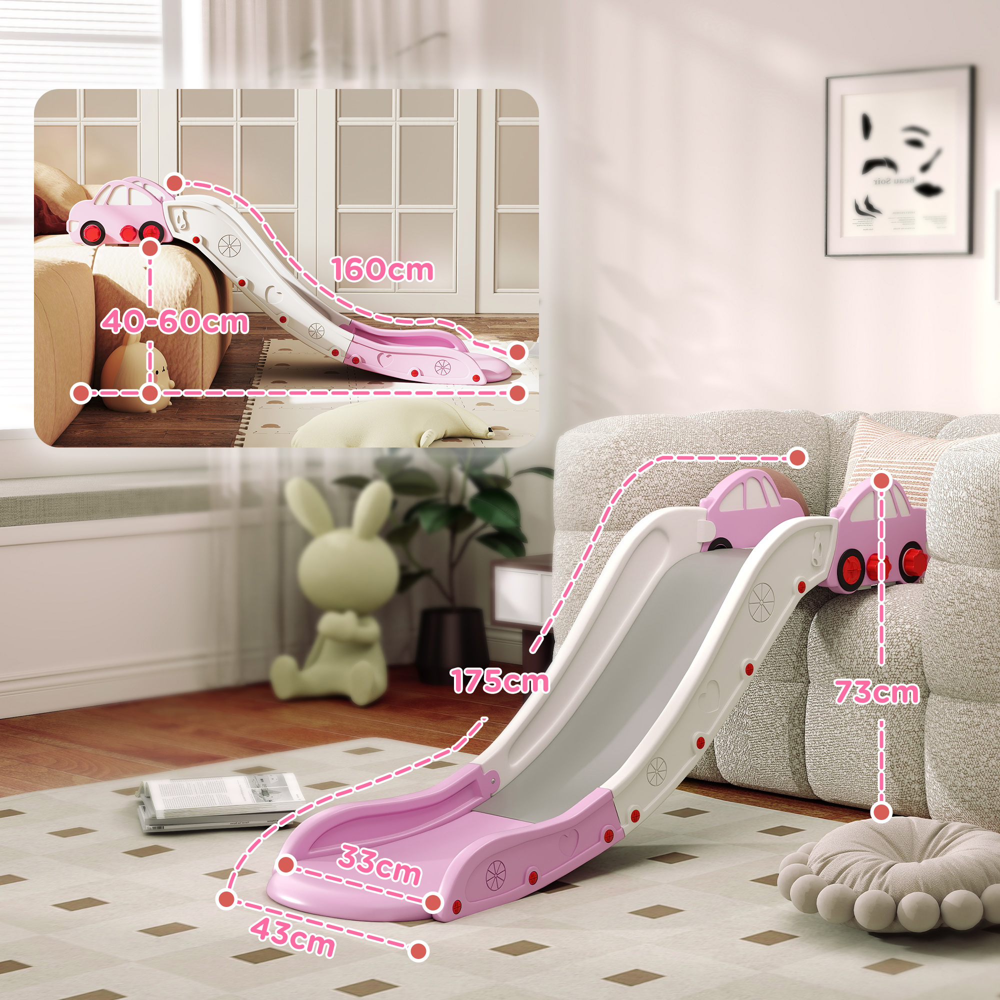 Uno scivolo per bambini rosa e bianco decorato con macchinine, con dimensioni indicate.