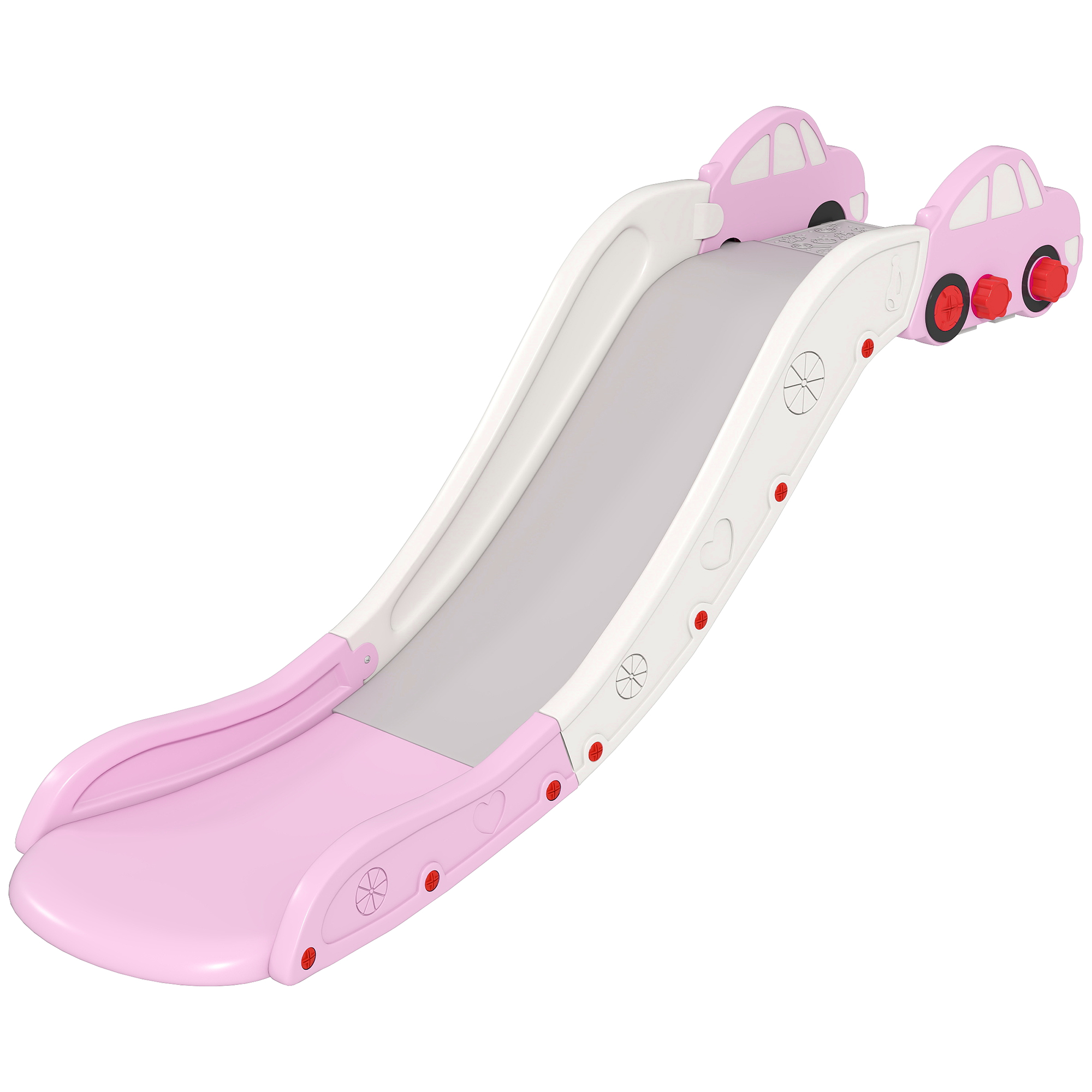 Uno scivolo per bambini rosa con macchine bianche sui lati.