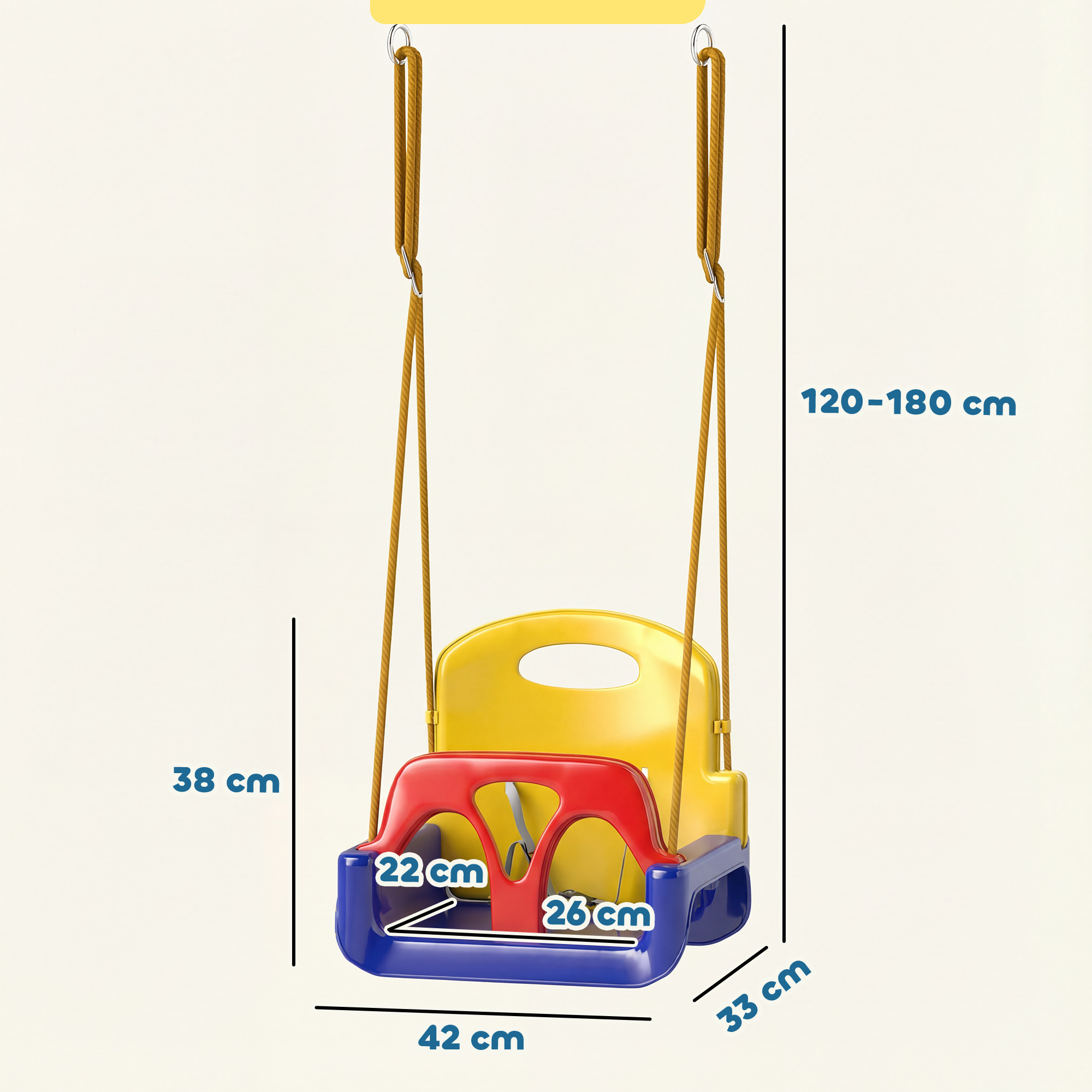 Un seggiolino giallo per bambini con parti blu e rosse, sospeso a corde marroni.