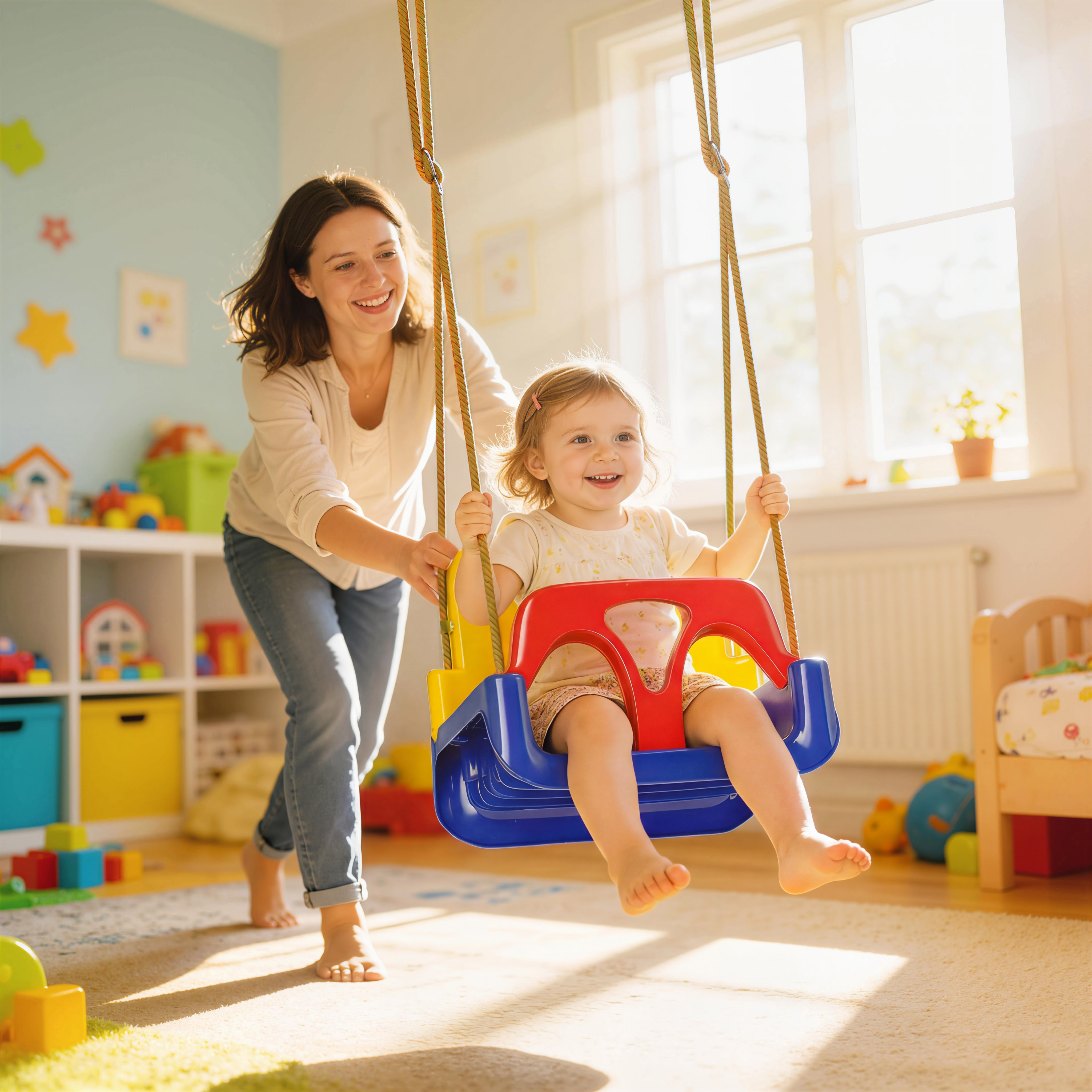 Madre spinge bambino che ride su un'altalena in una stanza dei giochi con giocattoli.