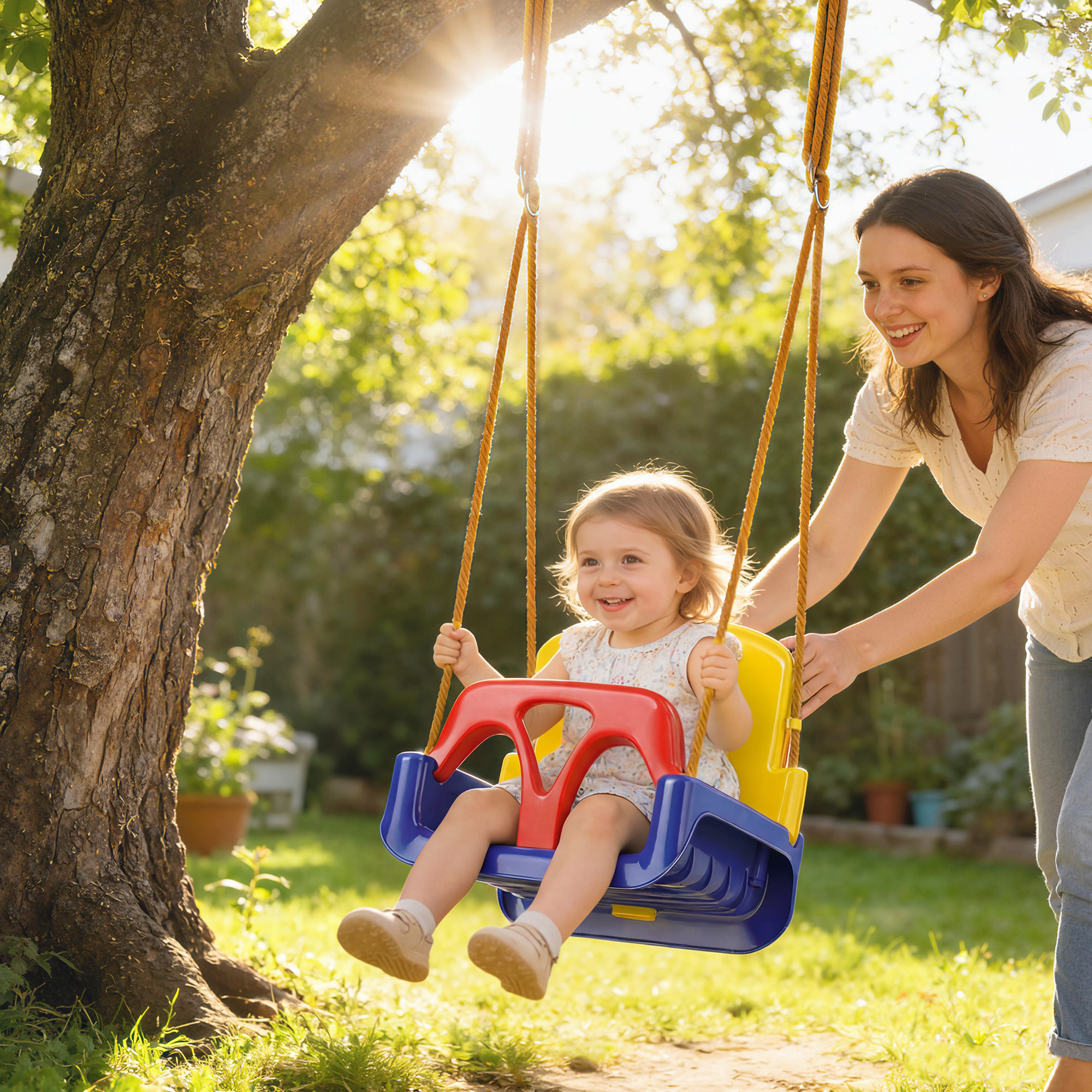 Donna che spinge bambino su altalena in giardino