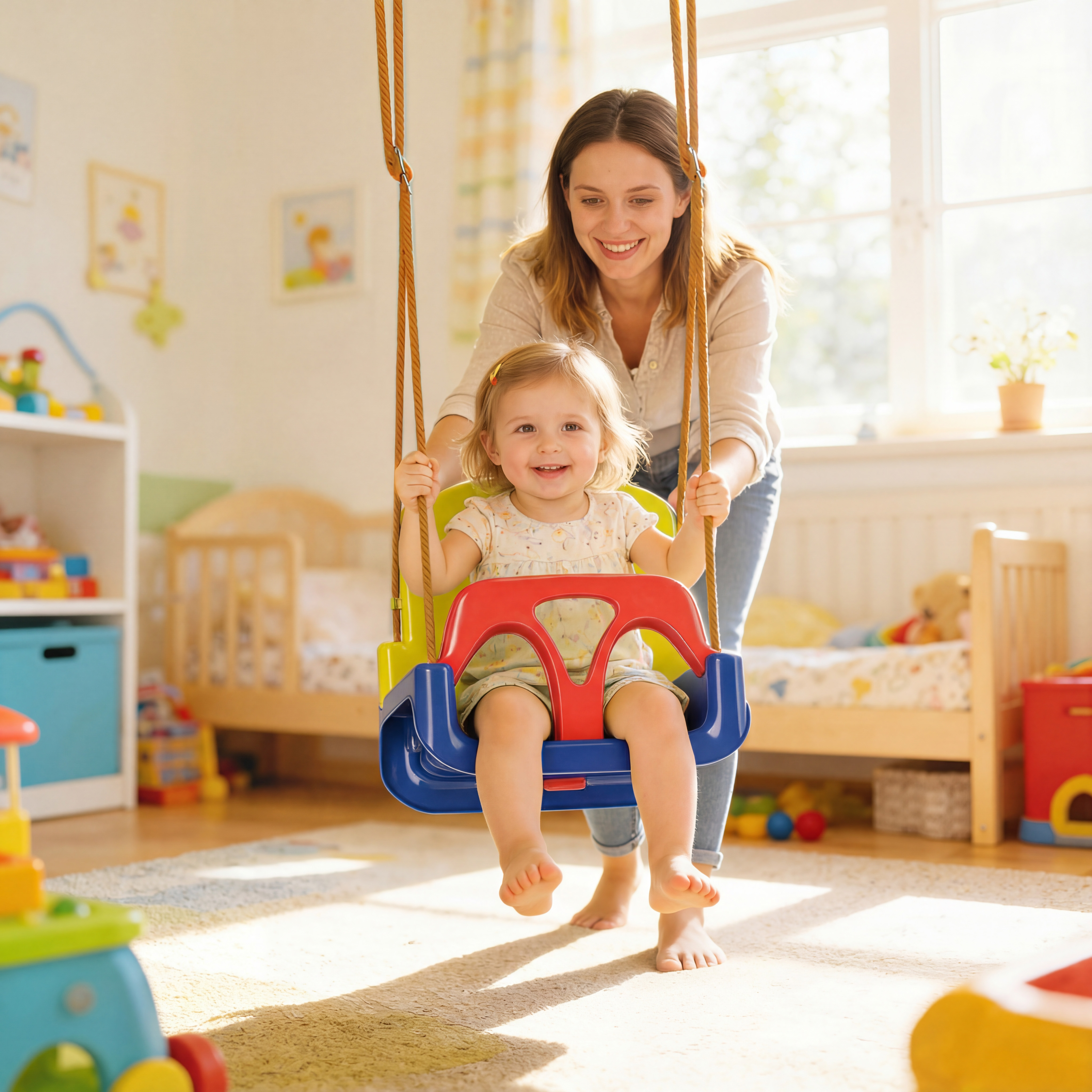 Madre spinge bambino sorridente su un'altalena colorata in una sala giochi.