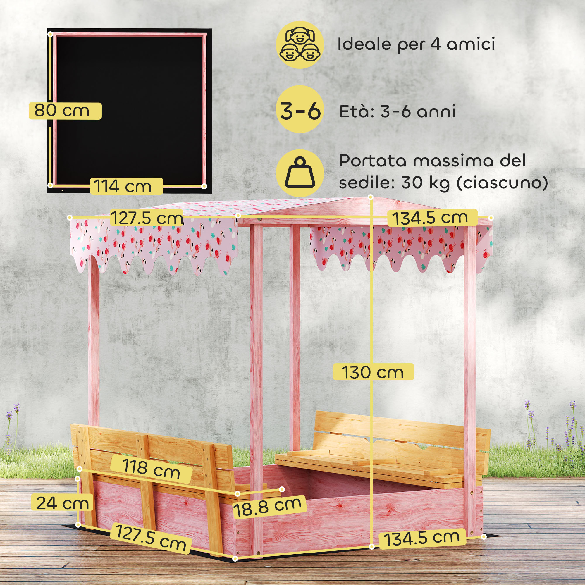 Una casetta gioco rosa con panche e dimensioni. Lavagna 80x114cm.