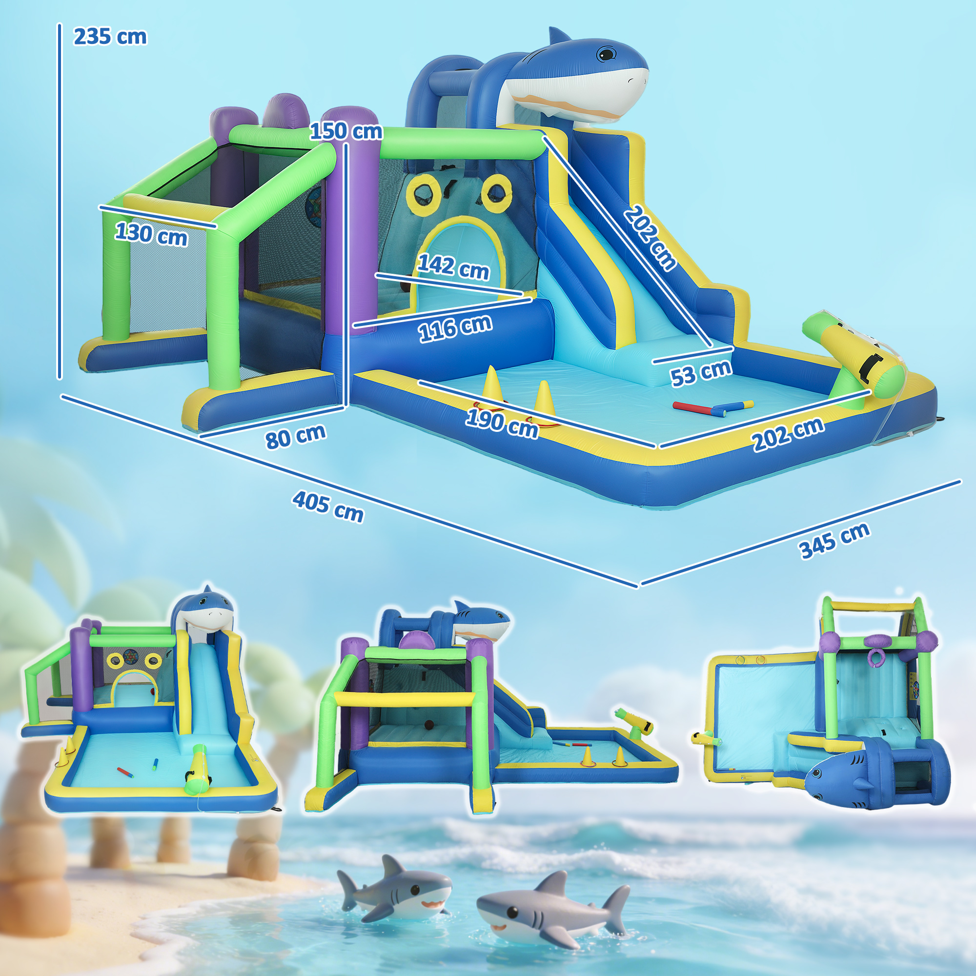 Scivolo acquatico gonfiabile a tema squalo con dimensioni.