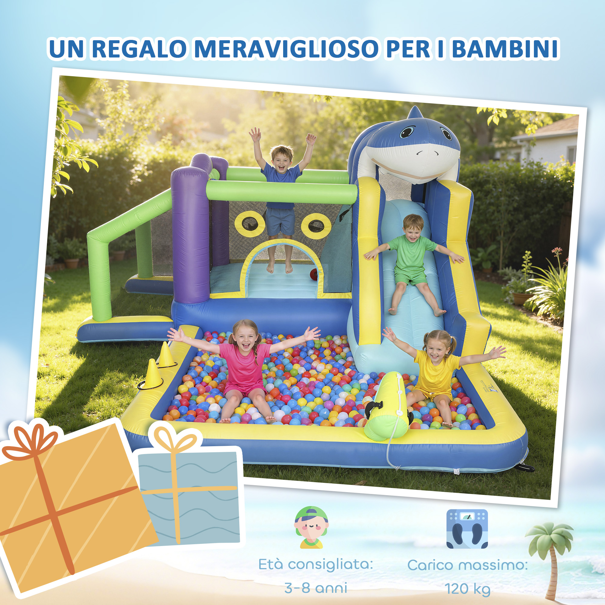 Bambini giocano in un castello gonfiabile con scivolo e piscina di palline.