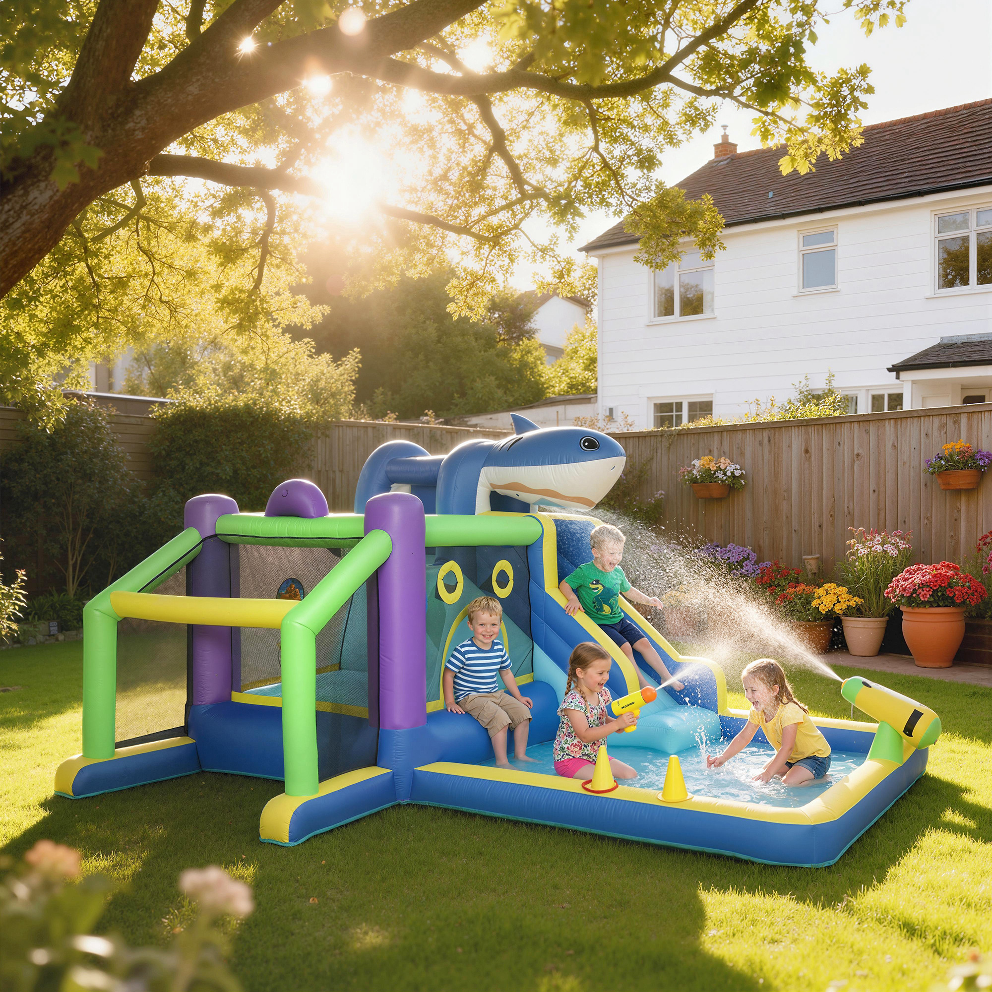 Bambini giocano su scivolo gonfiabile blu a forma di squalo con piscina in giardino.