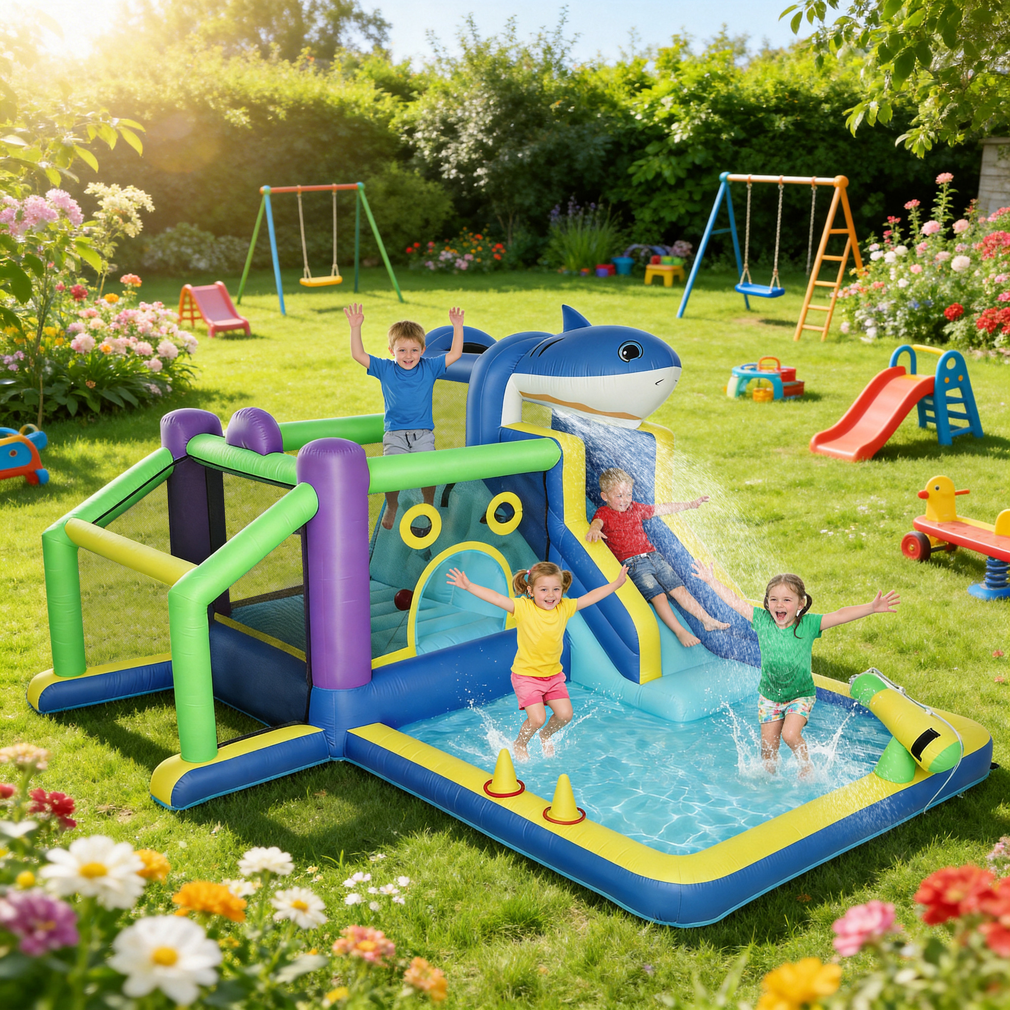 Bambini giocano su castello gonfiabile squalo blu con piscina in giardino soleggiato.