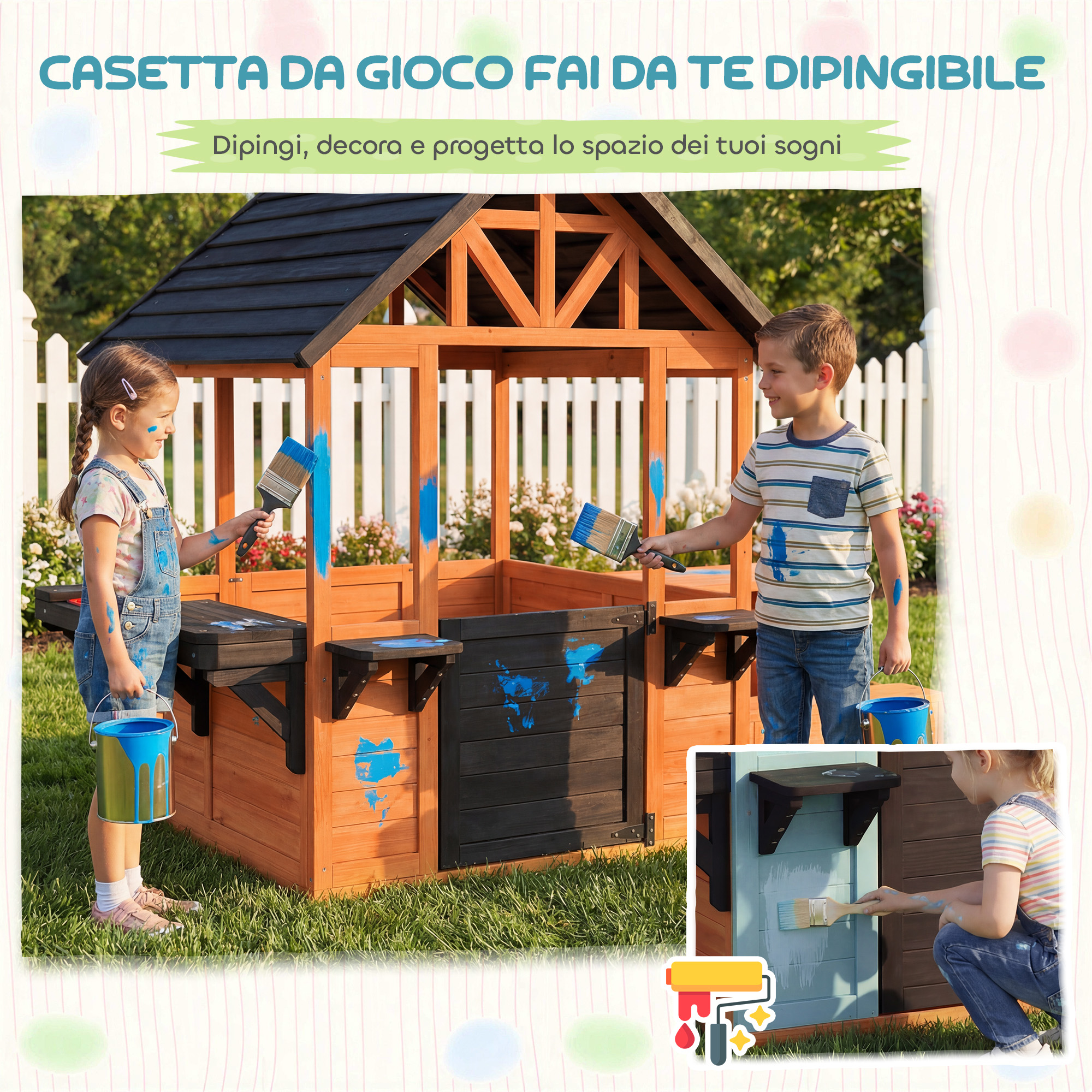 Bambini dipingono una casetta di legno di blu in un giardino.