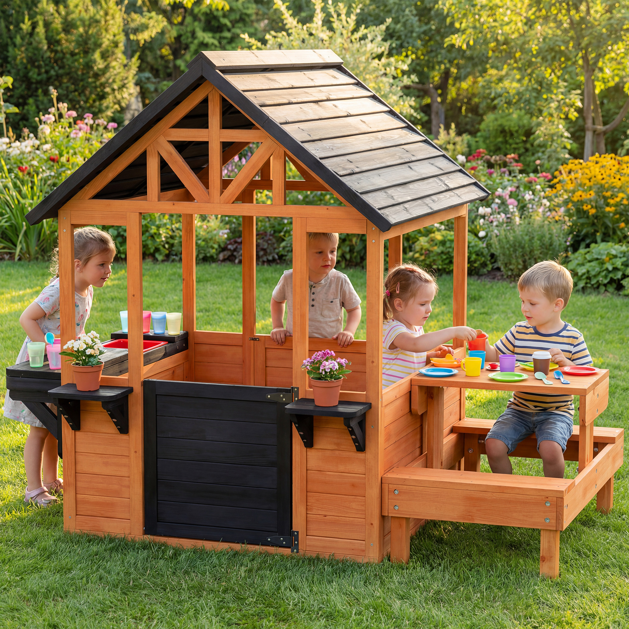 Quattro bambini giocano in una casetta di legno in giardino con stoviglie giocattolo.