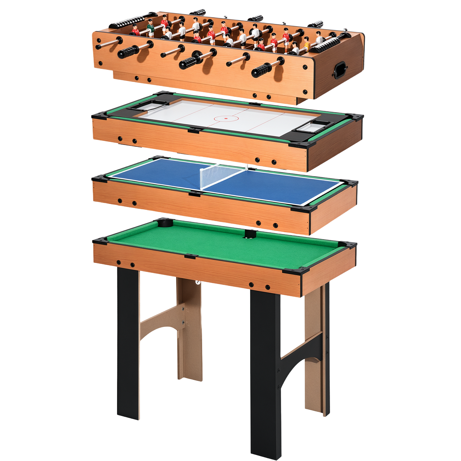 Un tavolo multigioco a quattro livelli: calcio balilla, air hockey, ping pong e biliardo.