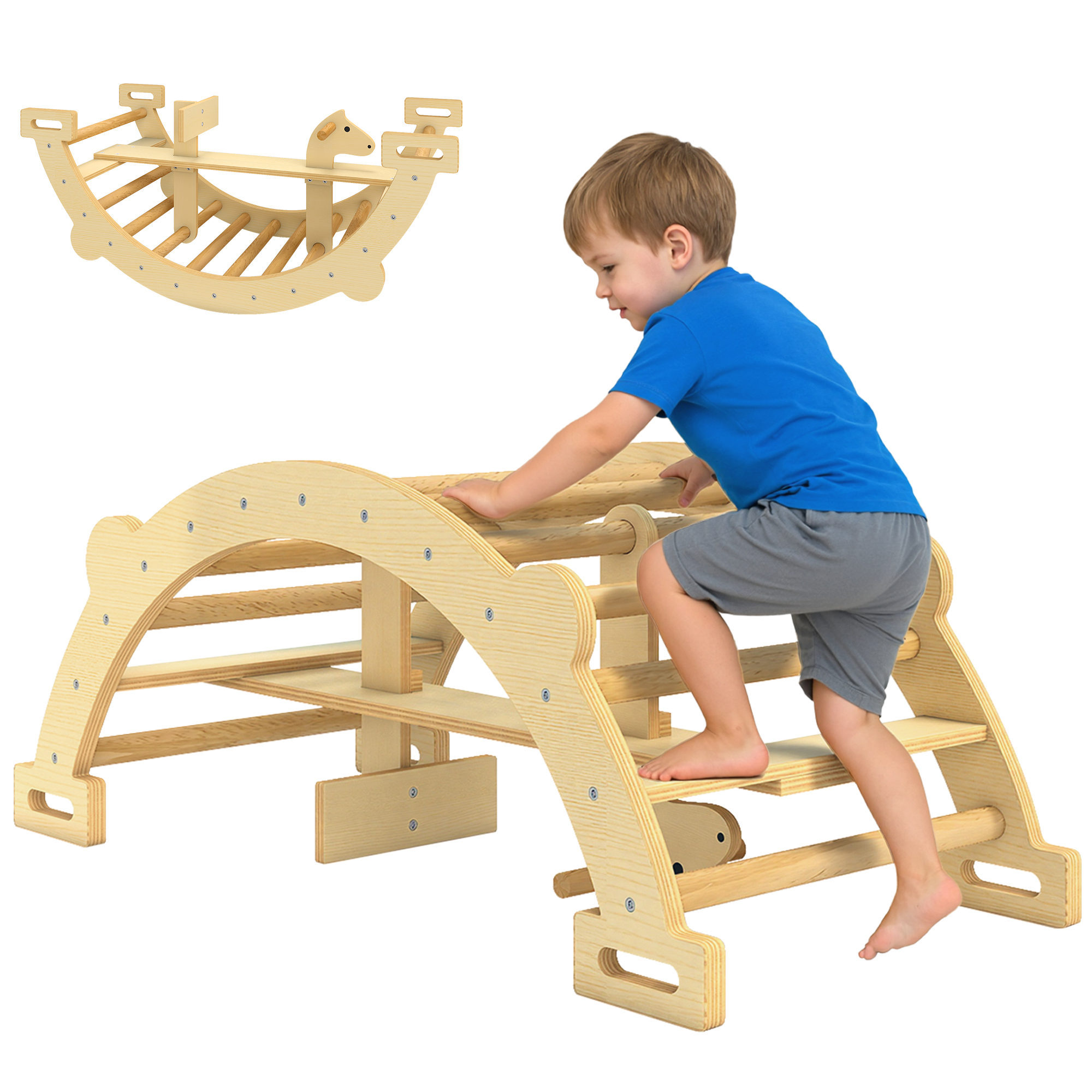 Un bambino sale su una struttura da arrampicata in legno. Un arco a dondolo in legno è sopra.