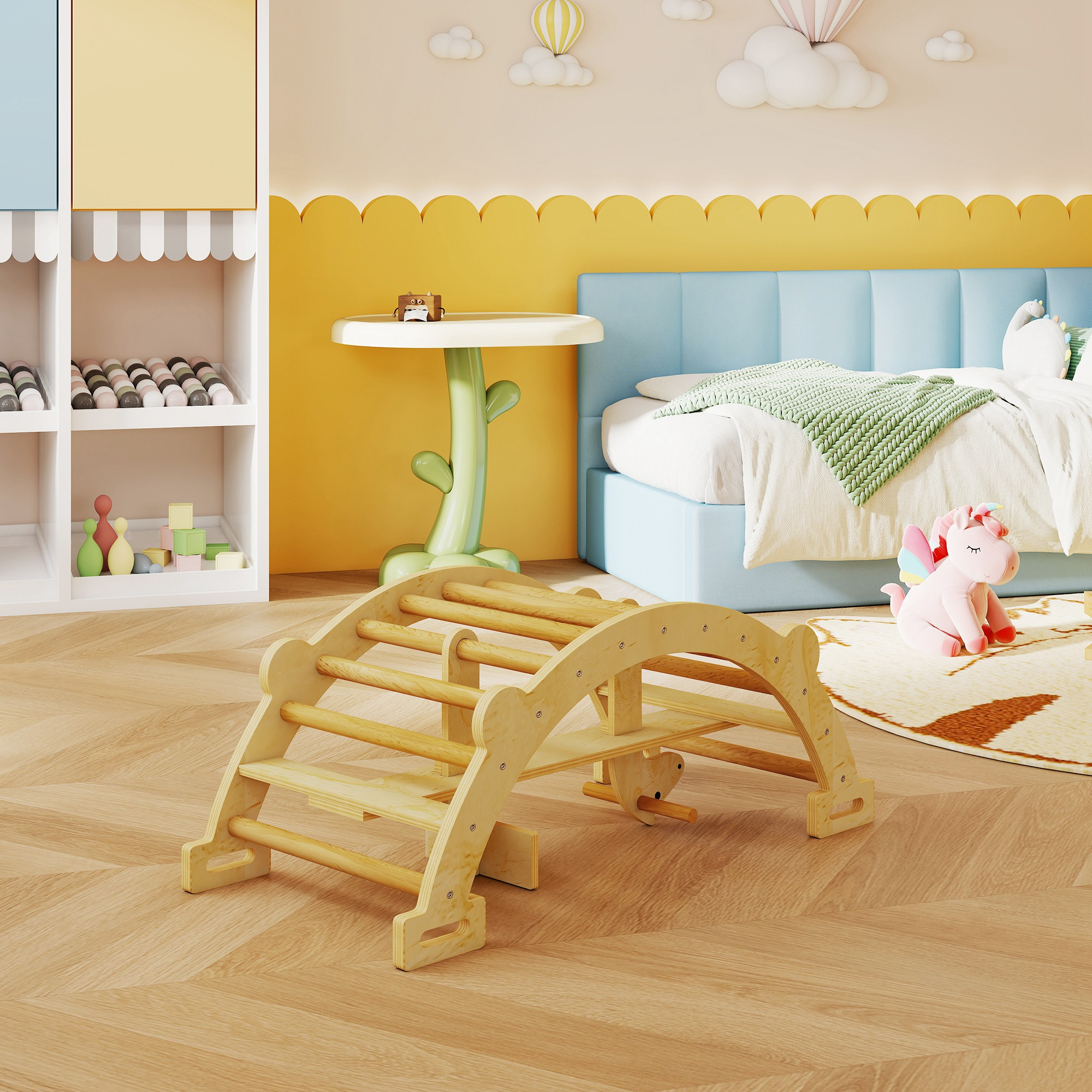Stanza per bambini con arco rampante, letto, scaffale giocattoli e unicorno rosa.