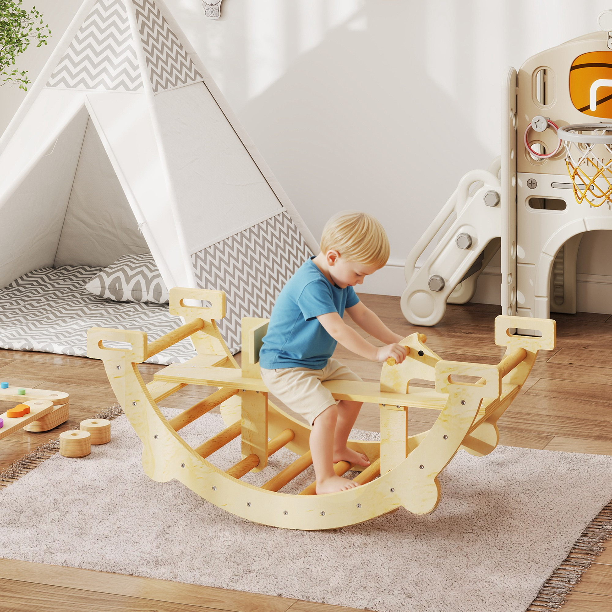 Un bambino piccolo siede su un'altalena di legno in una sala giochi con una tenda.