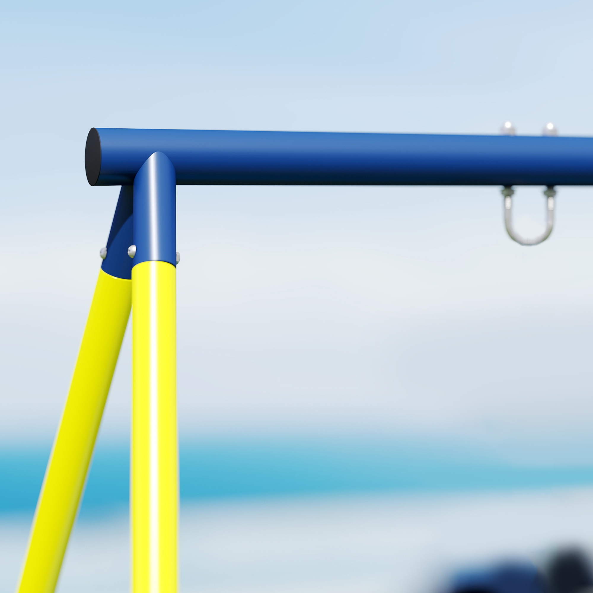 Una barra blu con supporti gialli contro un cielo blu.