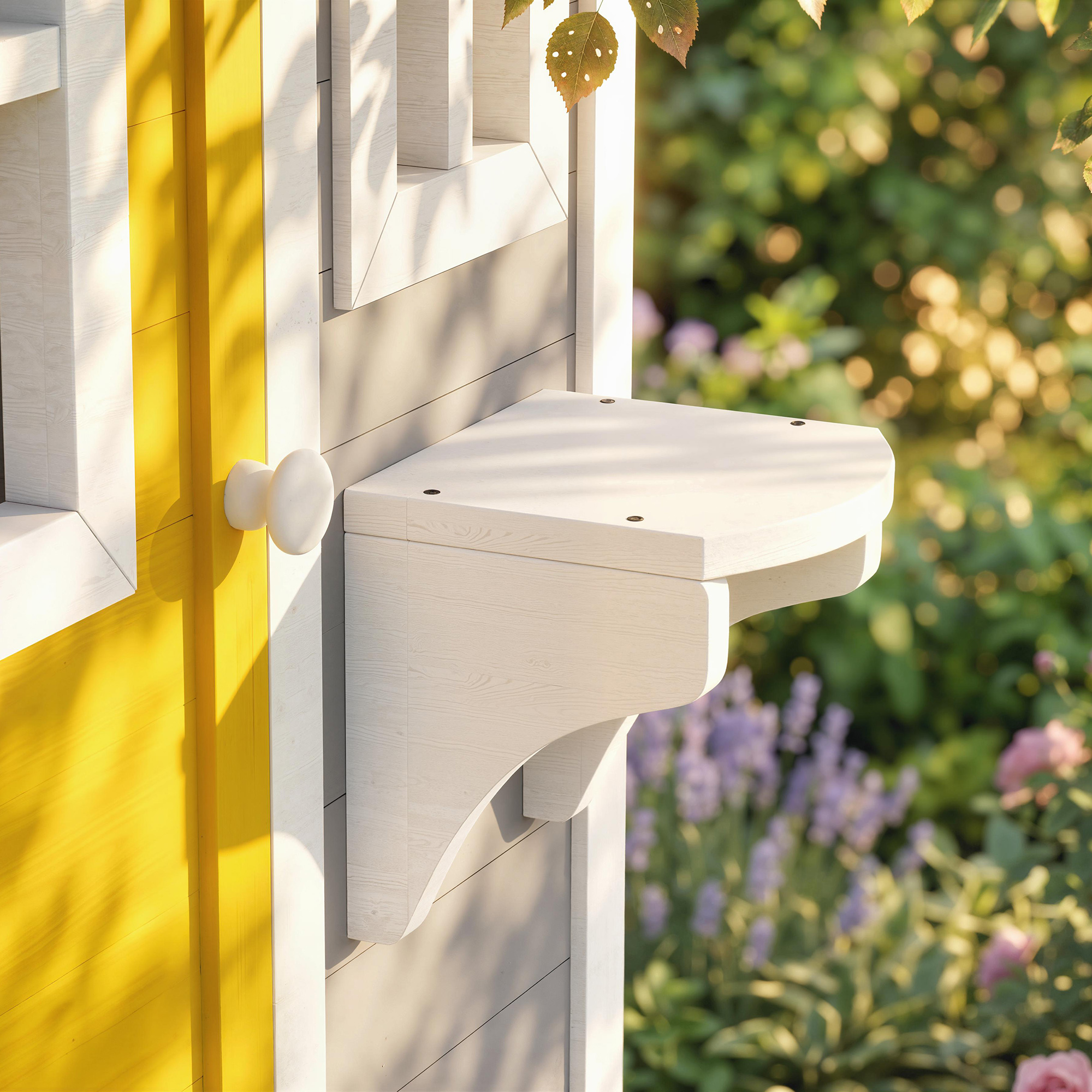 Piattaforma in legno bianca con ringhiera e muro giallo, lavanda in fiore sullo sfondo.