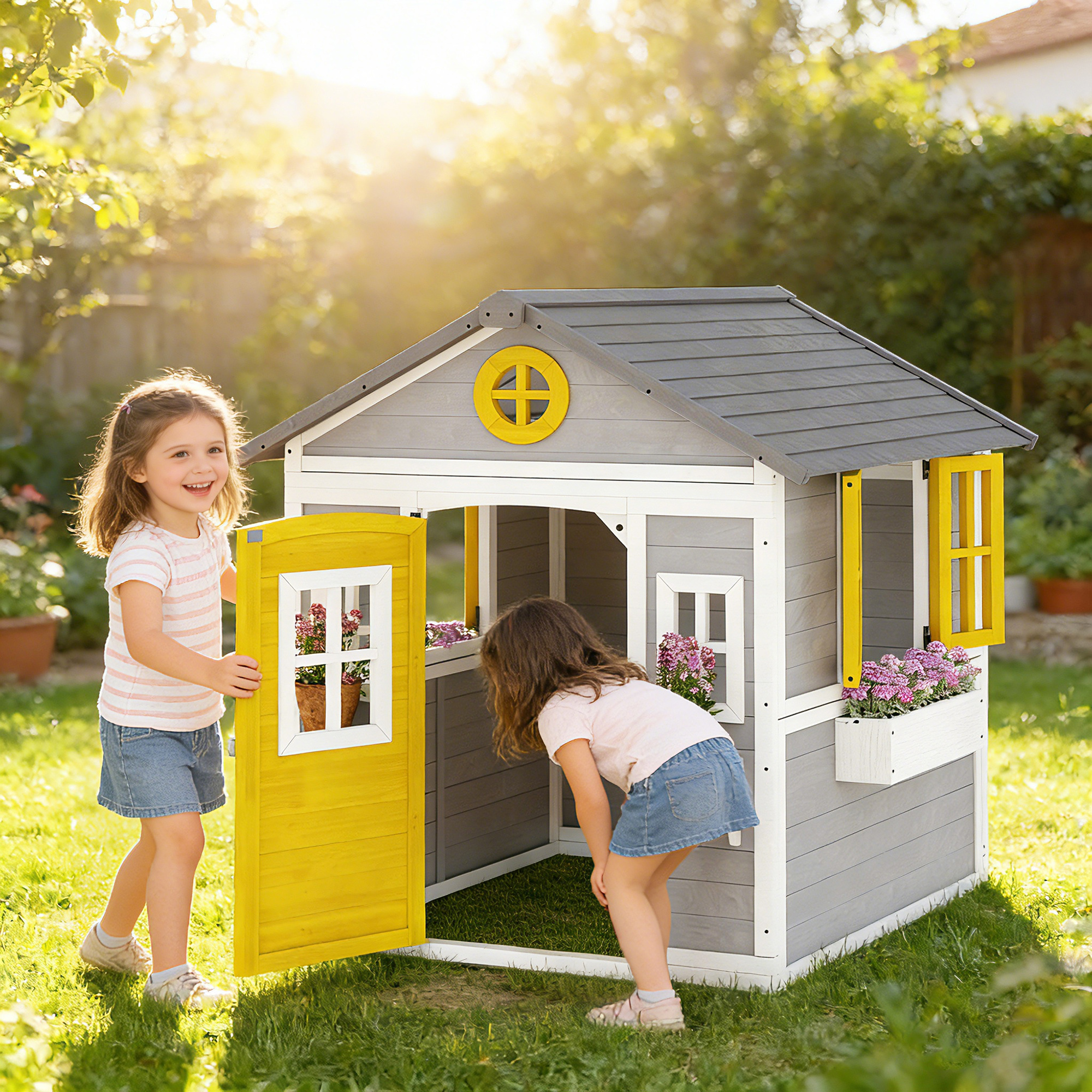 Due bambine giocano in un giardino con una casetta da gioco con porta gialla.