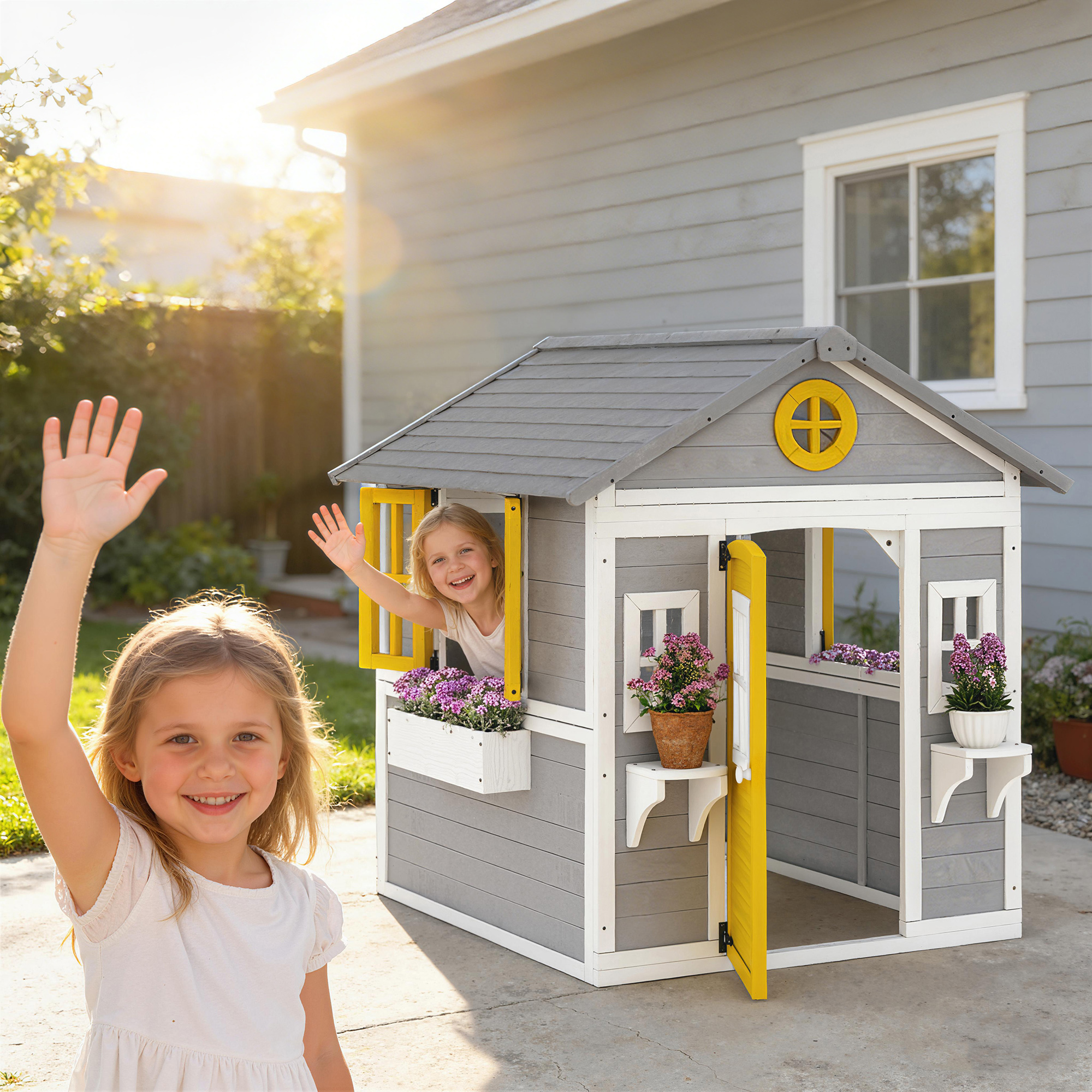 Due bambine salutano davanti a una casa giochi in un giardino. Giornata di sole.