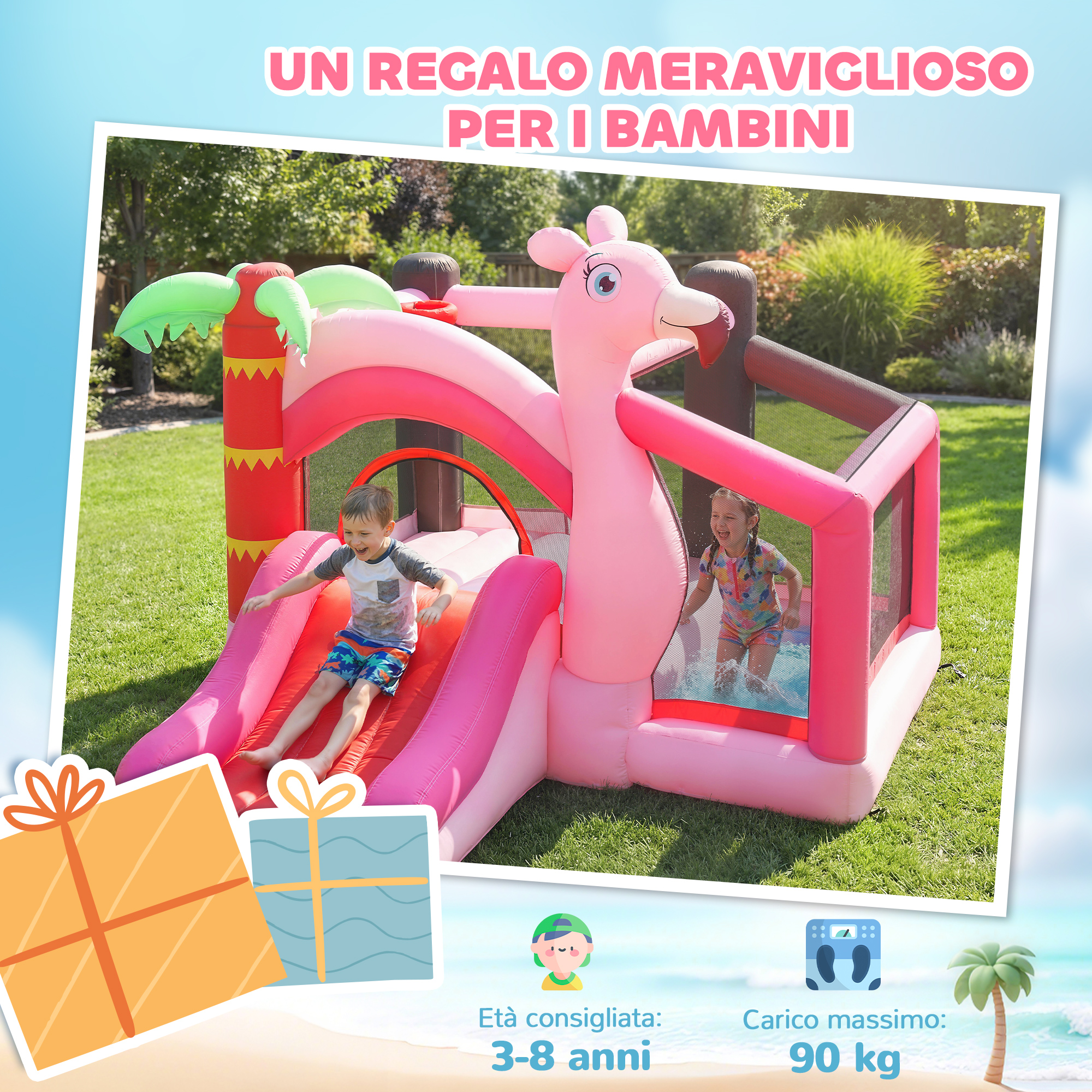 Bambini scivolano su un gonfiabile a forma di fenicottero rosa in giardino.