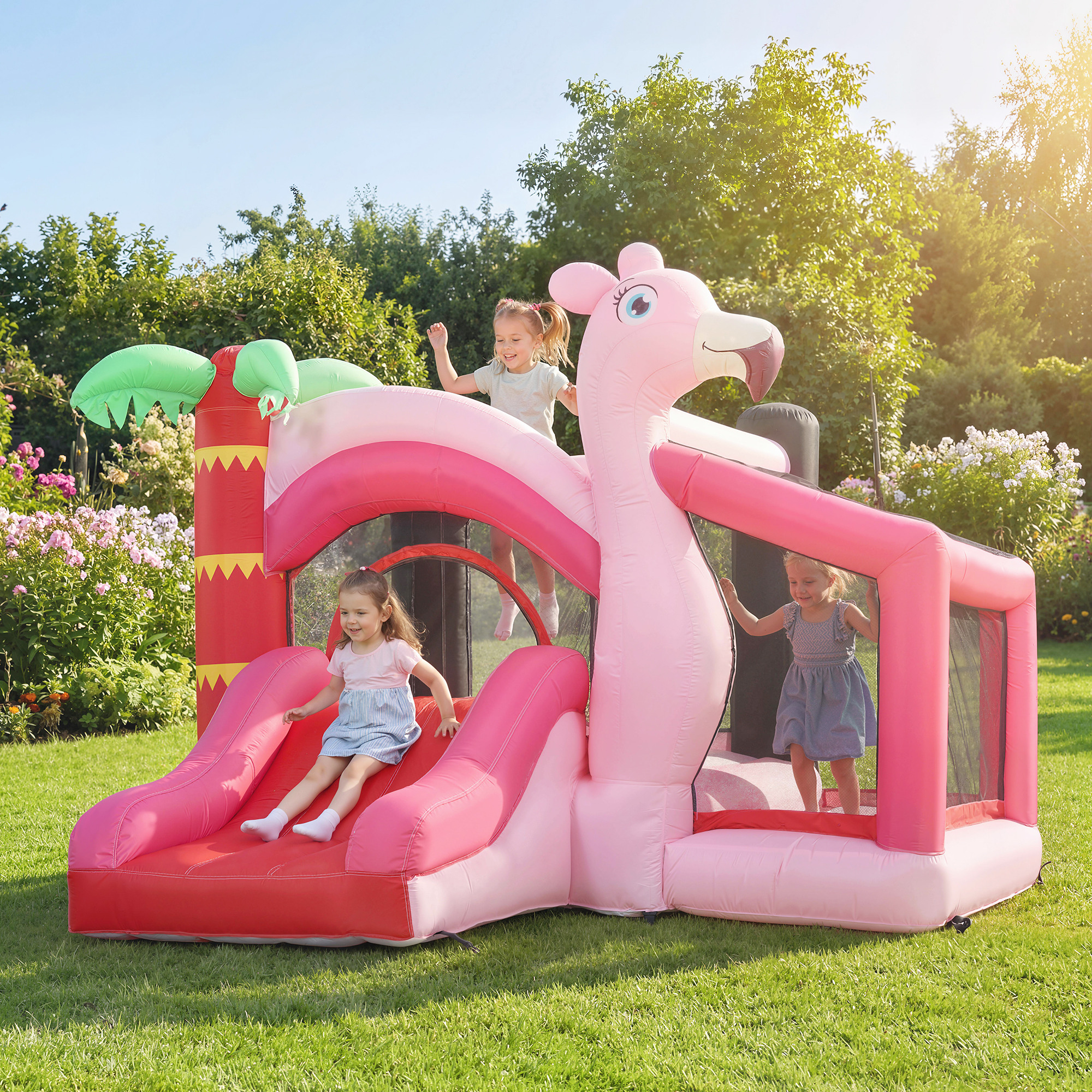 Bambini giocano su un castello gonfiabile fenicottero rosa in giardino.