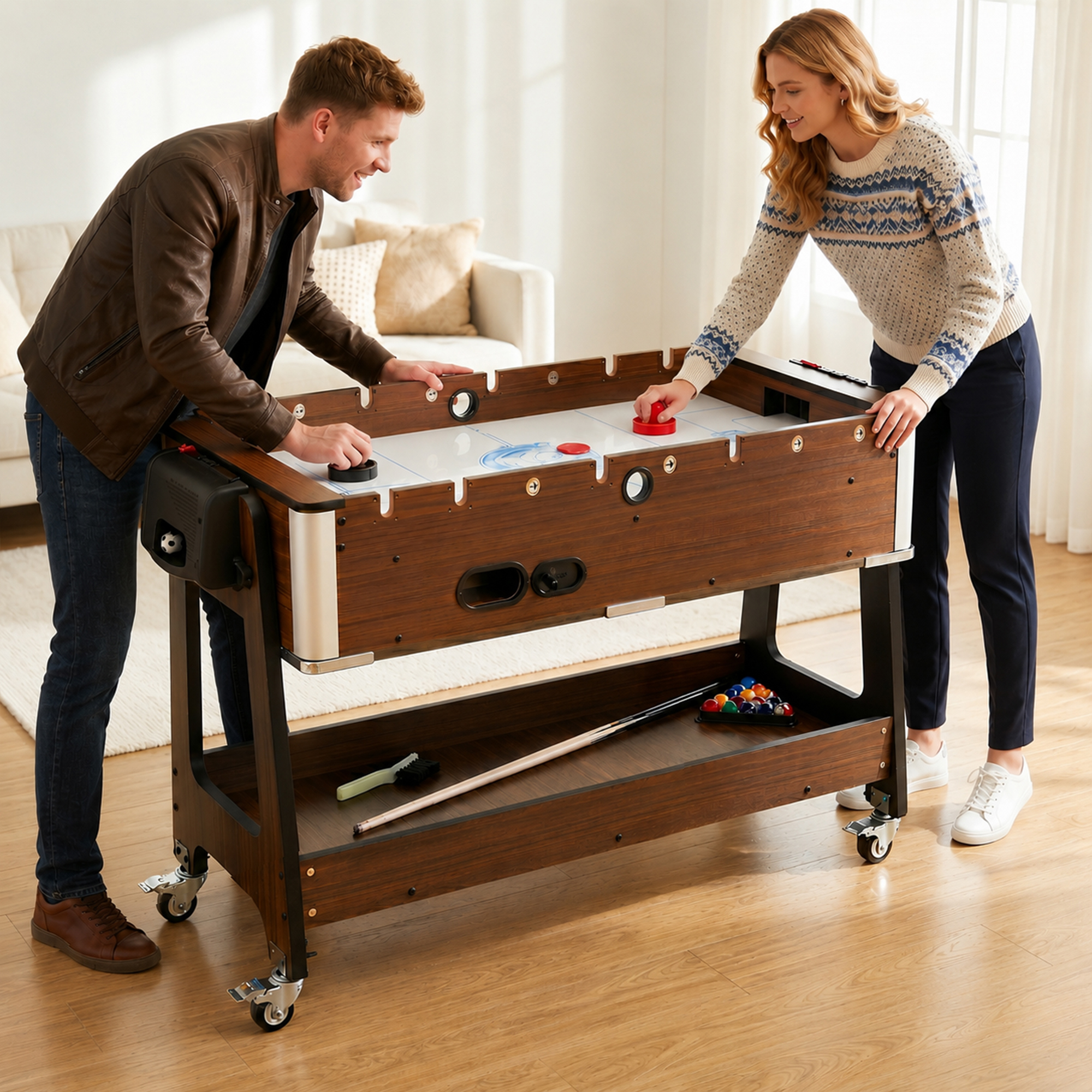 Uomo e donna giocano ad air hockey. Palle da biliardo e stecca sotto.