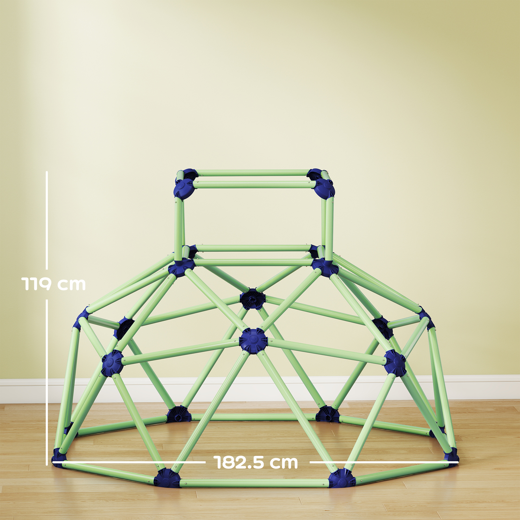 Un climber a cupola geodetica verde con connettori blu. Altezza 119cm, larghezza 182,5cm.