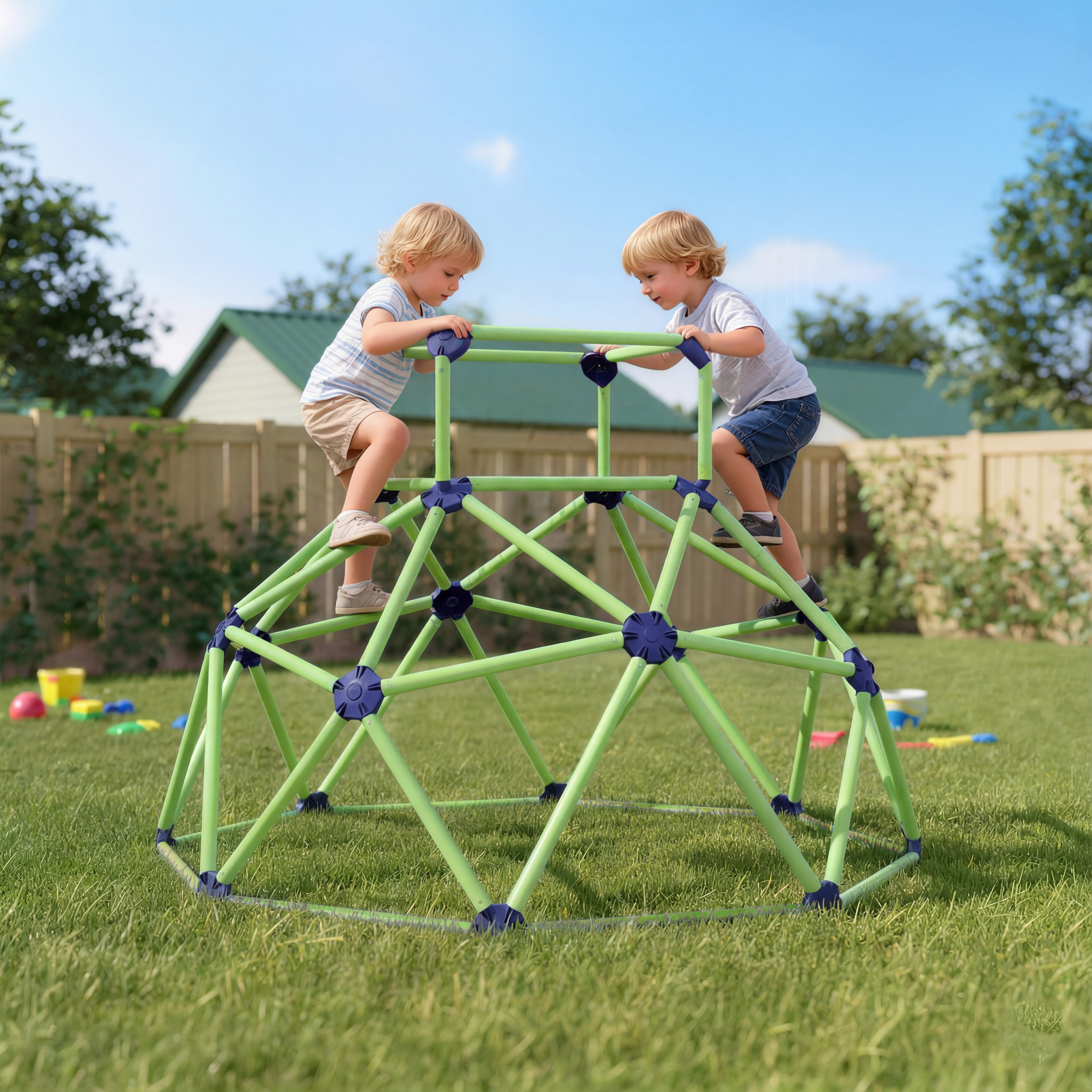 Due bambini scalano una cupola geodetica verde in un cortile erboso.