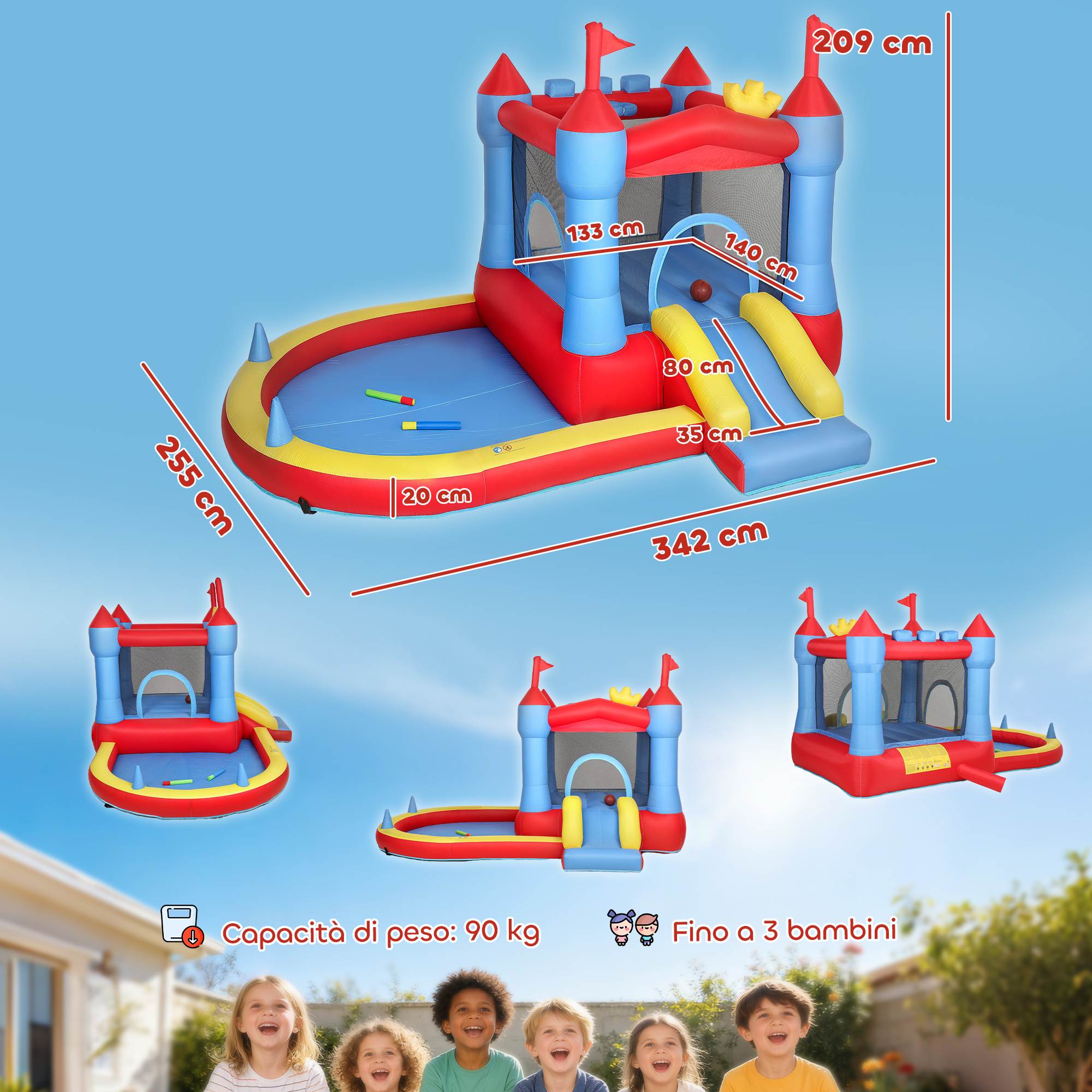 Castello gonfiabile con scivolo e piscina, dimensioni e illustrazione bimbi.