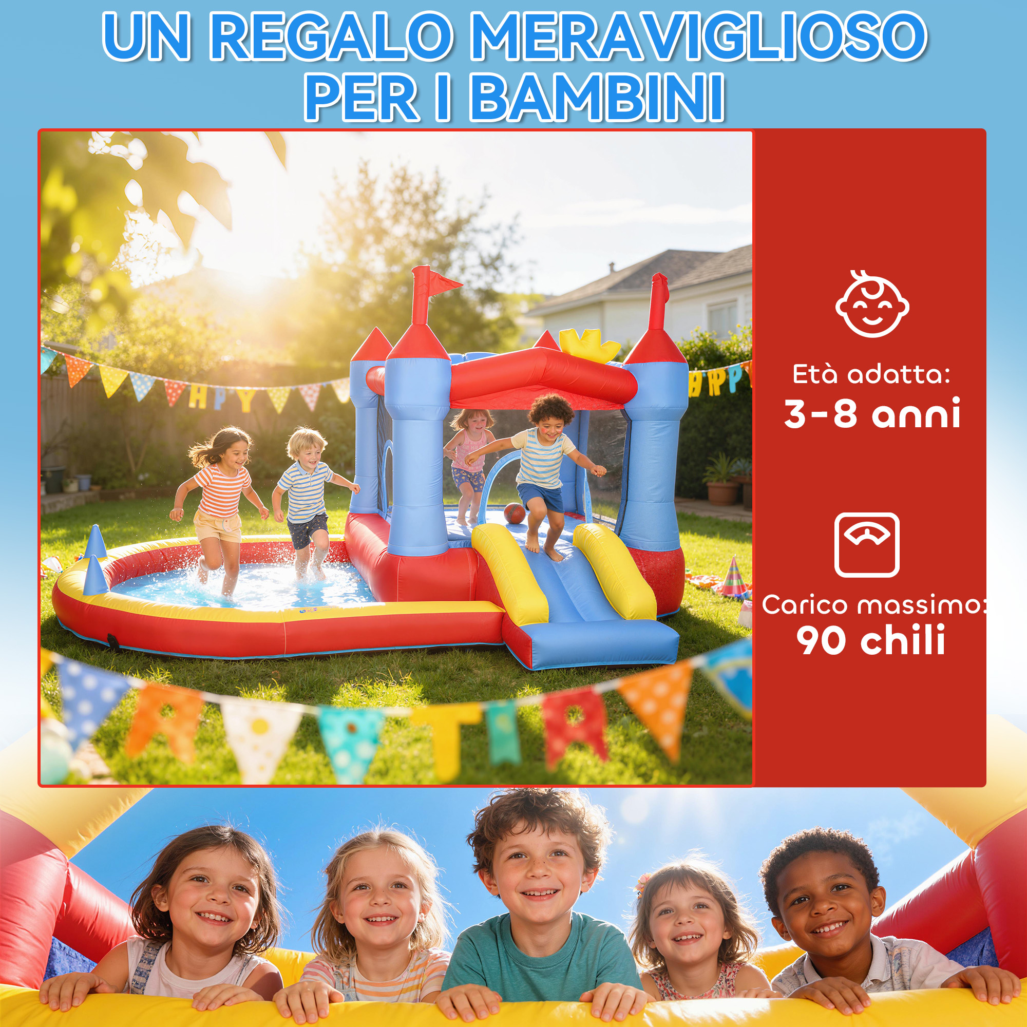 Bambini giocano in un castello gonfiabile con piscina e scivolo, al sole.