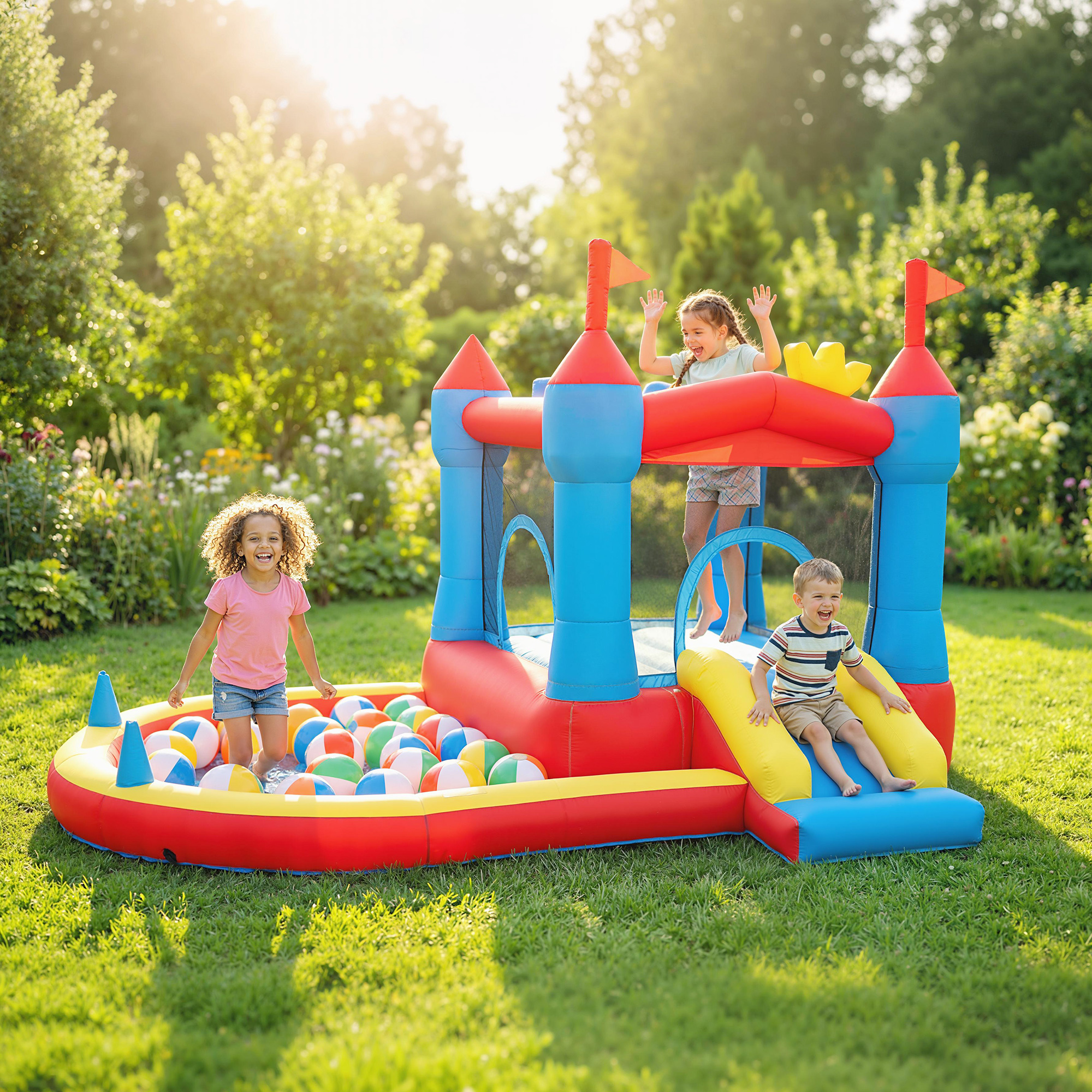 Bambini giocano su un castello gonfiabile con scivolo e piscina di palline.