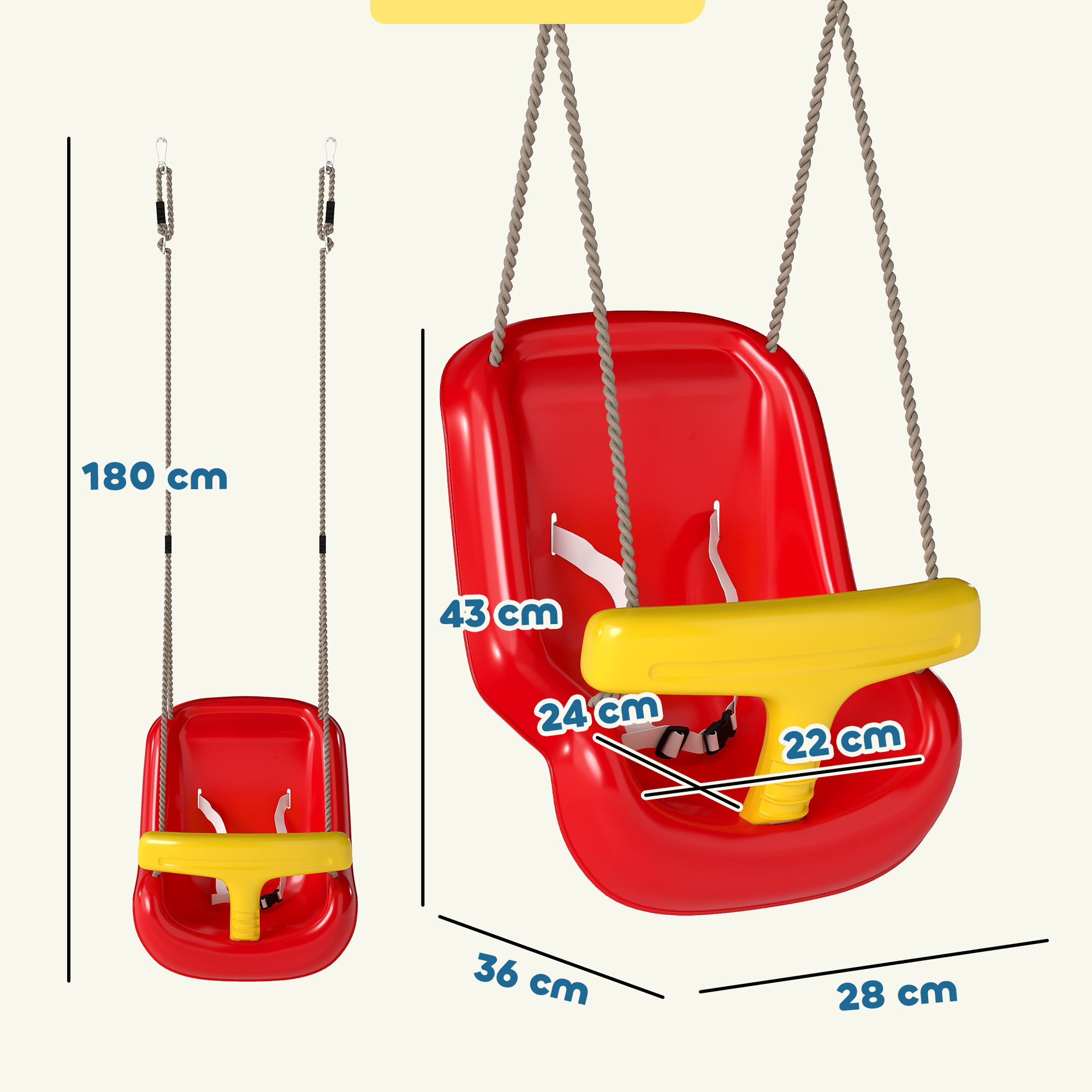 Sedile per altalena per bambini rosso con barra e cinghie gialle, dimensioni indicate.