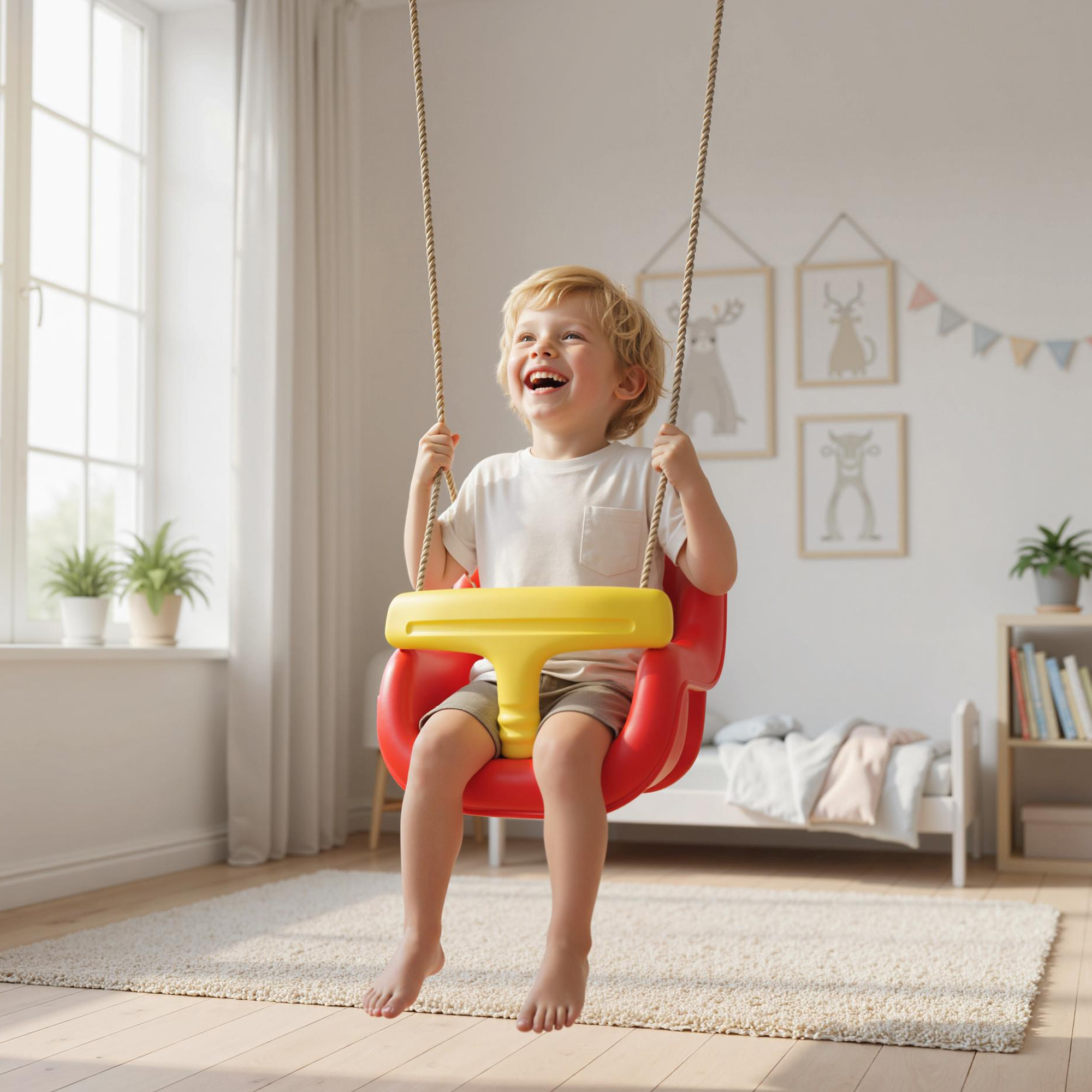 Un bambino biondo che ride dondola su un'altalena rossa in una cameretta.