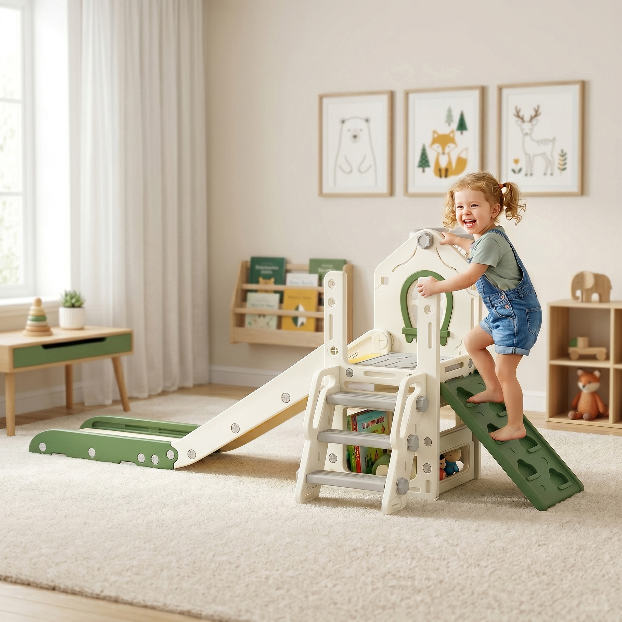 Una bambina gioiosa sale su uno scivolo bianco e verde in una sala giochi per bambini.