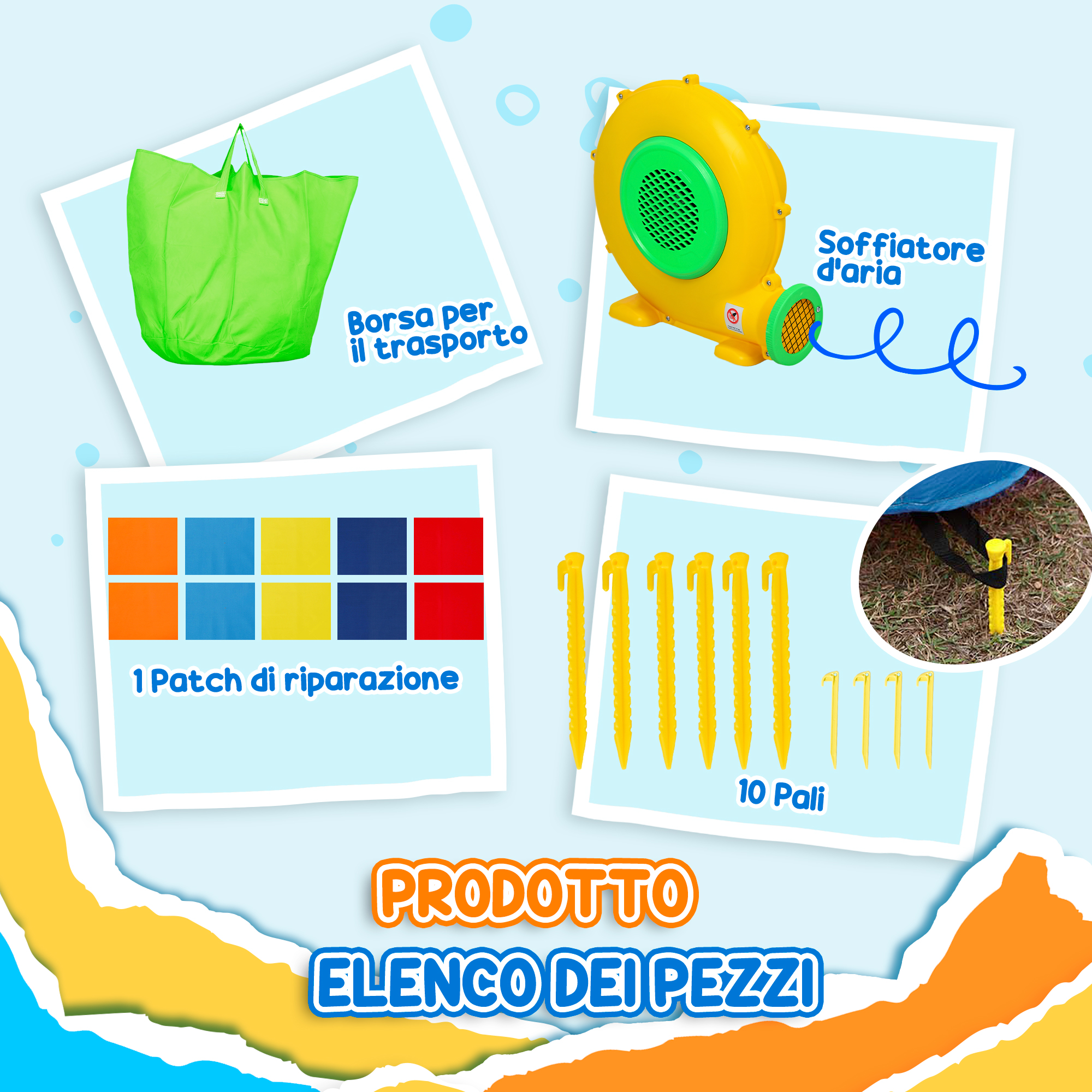 Borsa verde, soffiatore aria, patch e picchetti gialli su sfondo blu.