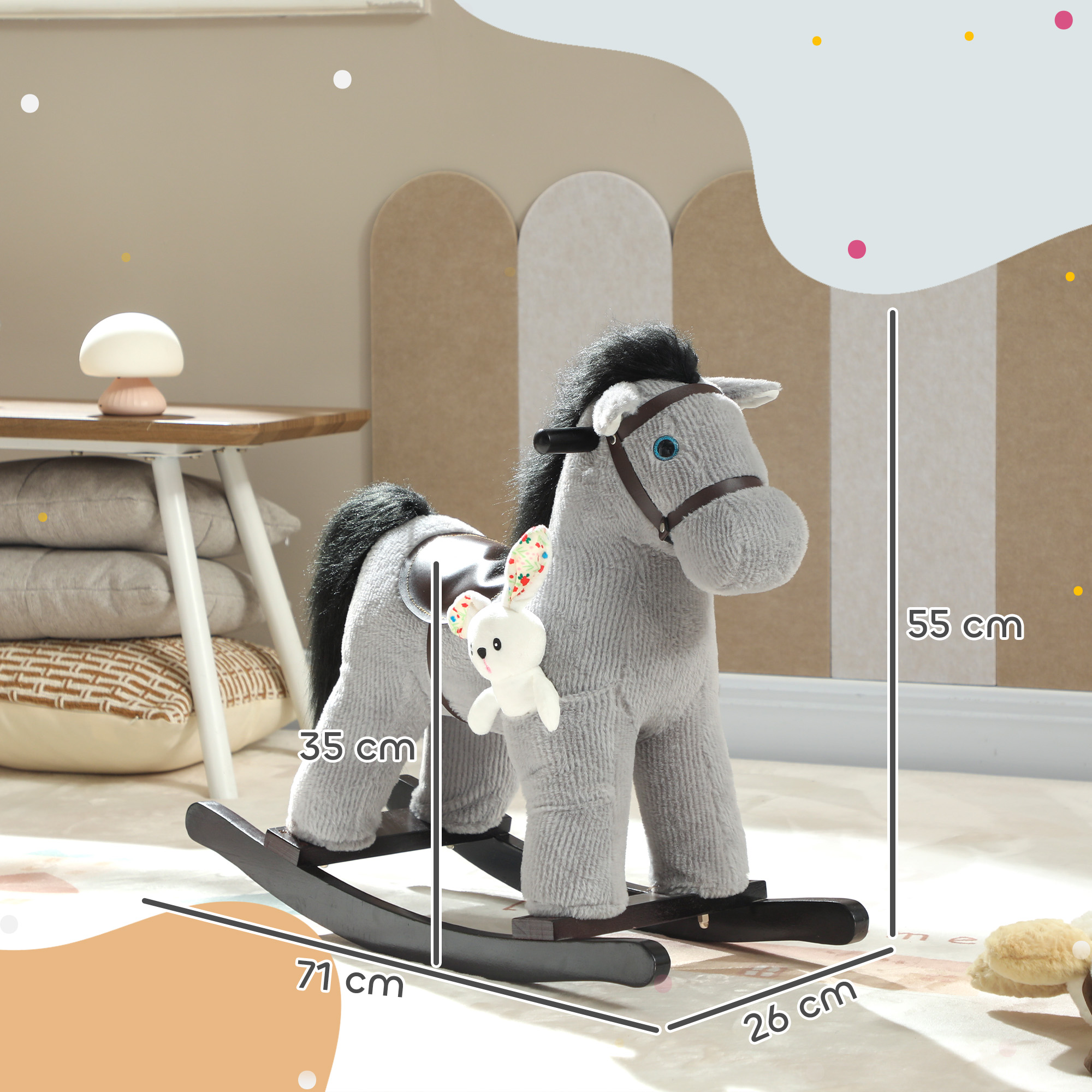 Cavallo a dondolo grigio con coniglietto di peluche. Dimensioni: 71x55x26 cm.