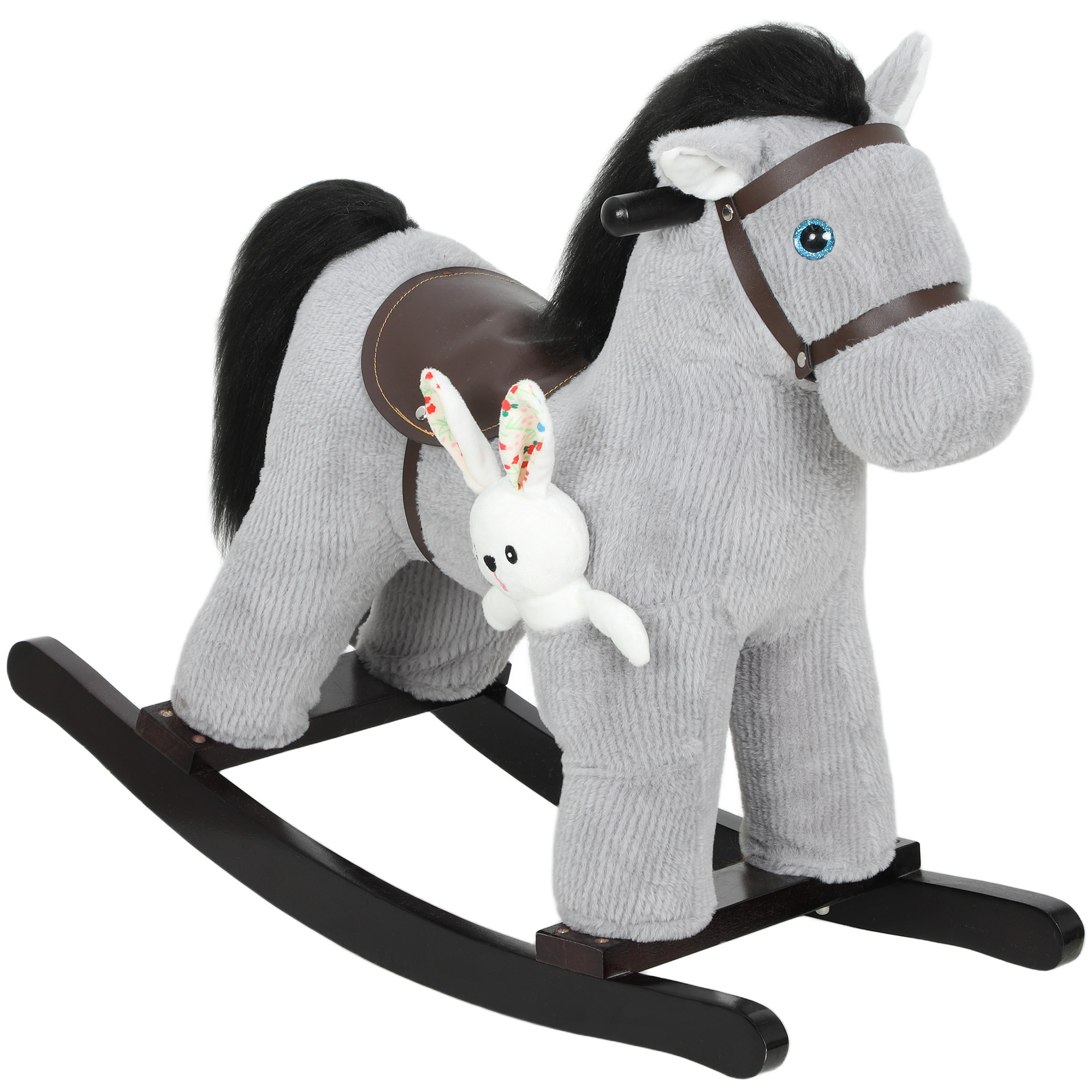 Cavallo a dondolo di peluche grigio con sella marrone e coniglietto di stoffa.