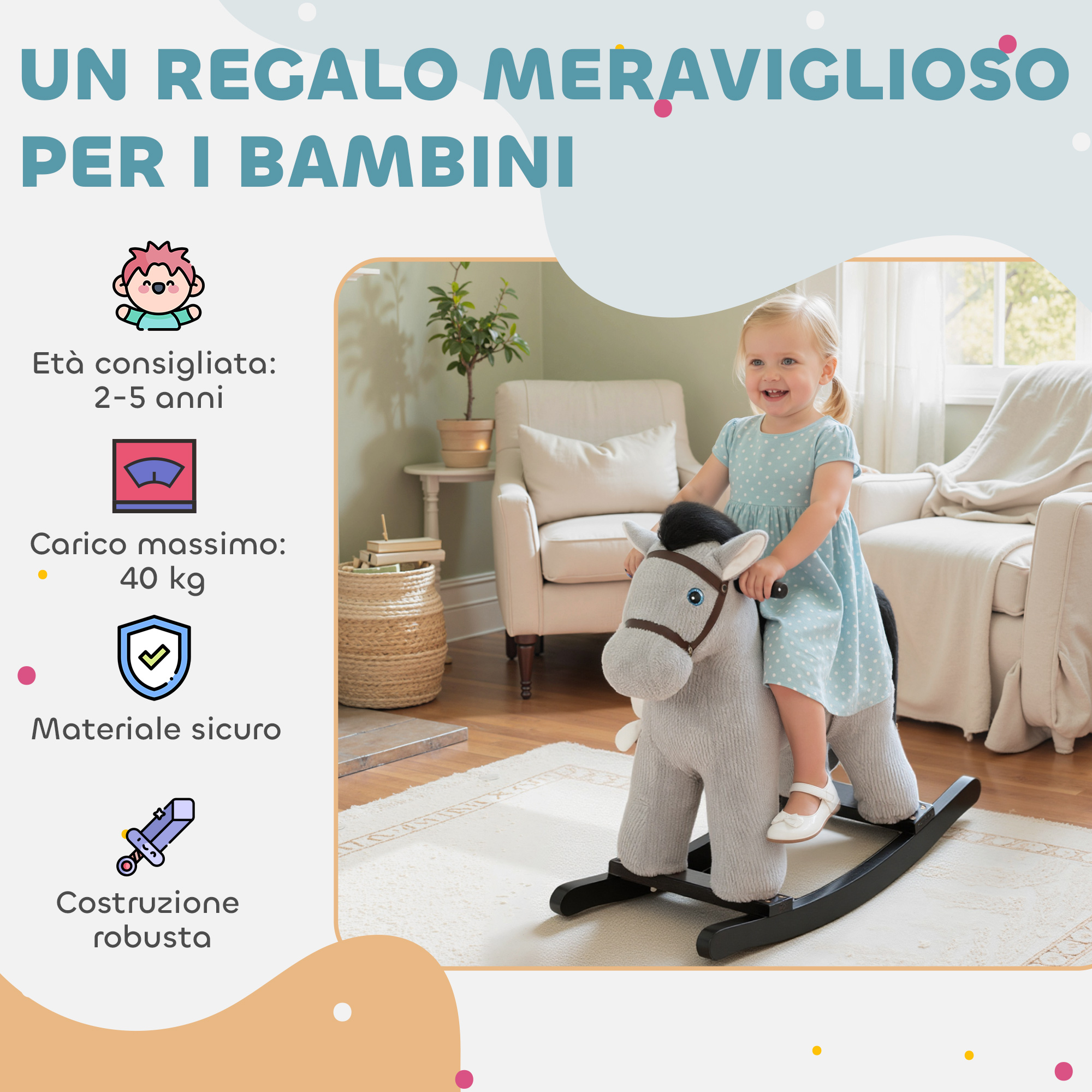 Una bambina cavalca un cavallo a dondolo grigio in un salotto.