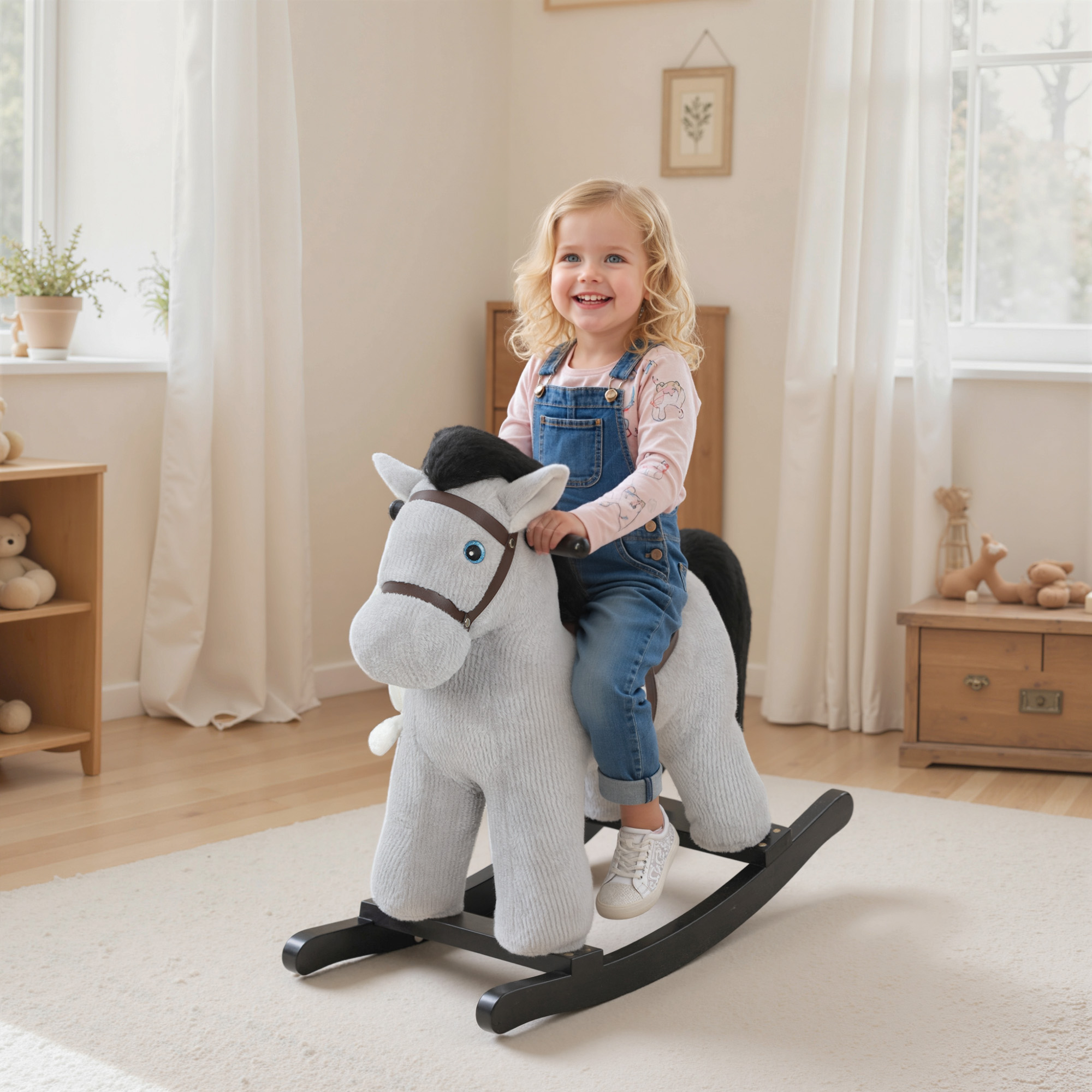 Una bambina bionda cavalca un cavallo a dondolo grigio in una stanza luminosa.