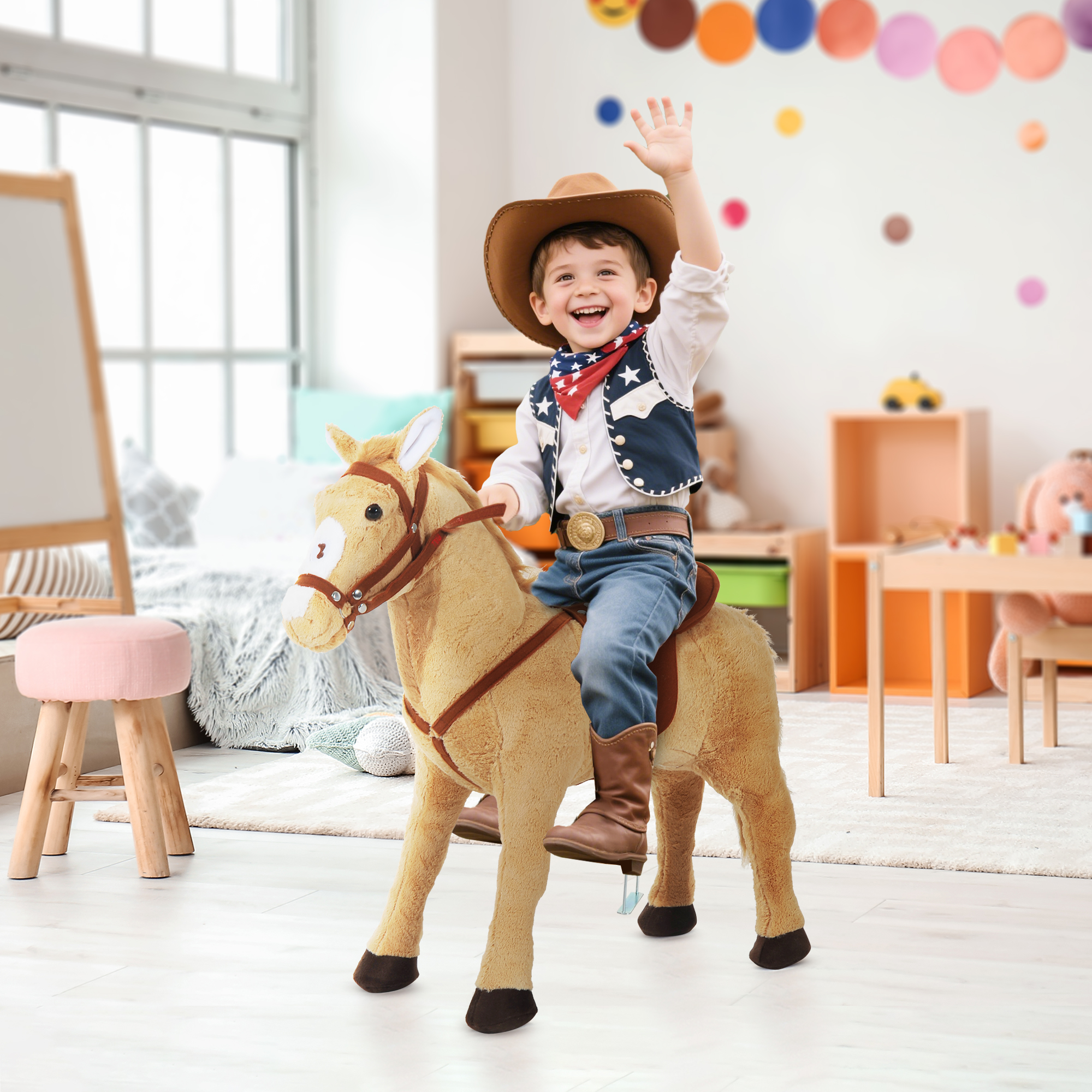 Un bambino vestito da cowboy saluta felicemente mentre cavalca un cavallo di peluche.