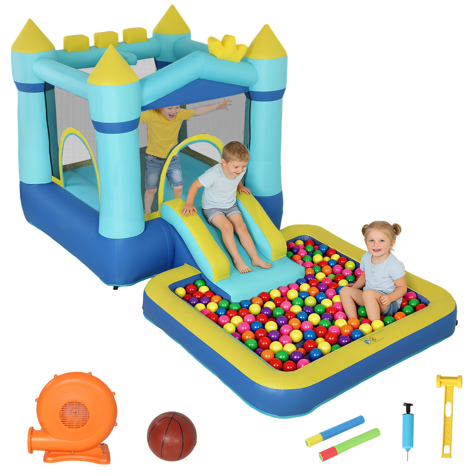 Castello gonfiabile con scivolo e piscina di palline. Bambini giocano dentro.