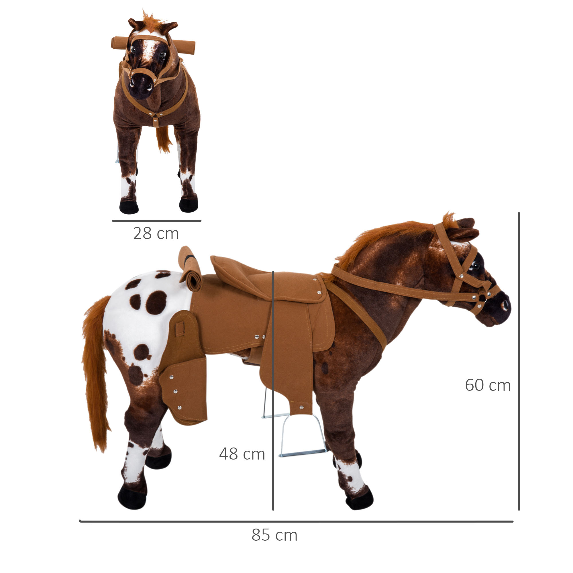 Un cavallo di peluche marrone con sella e briglia. Vengono mostrate le dimensioni.