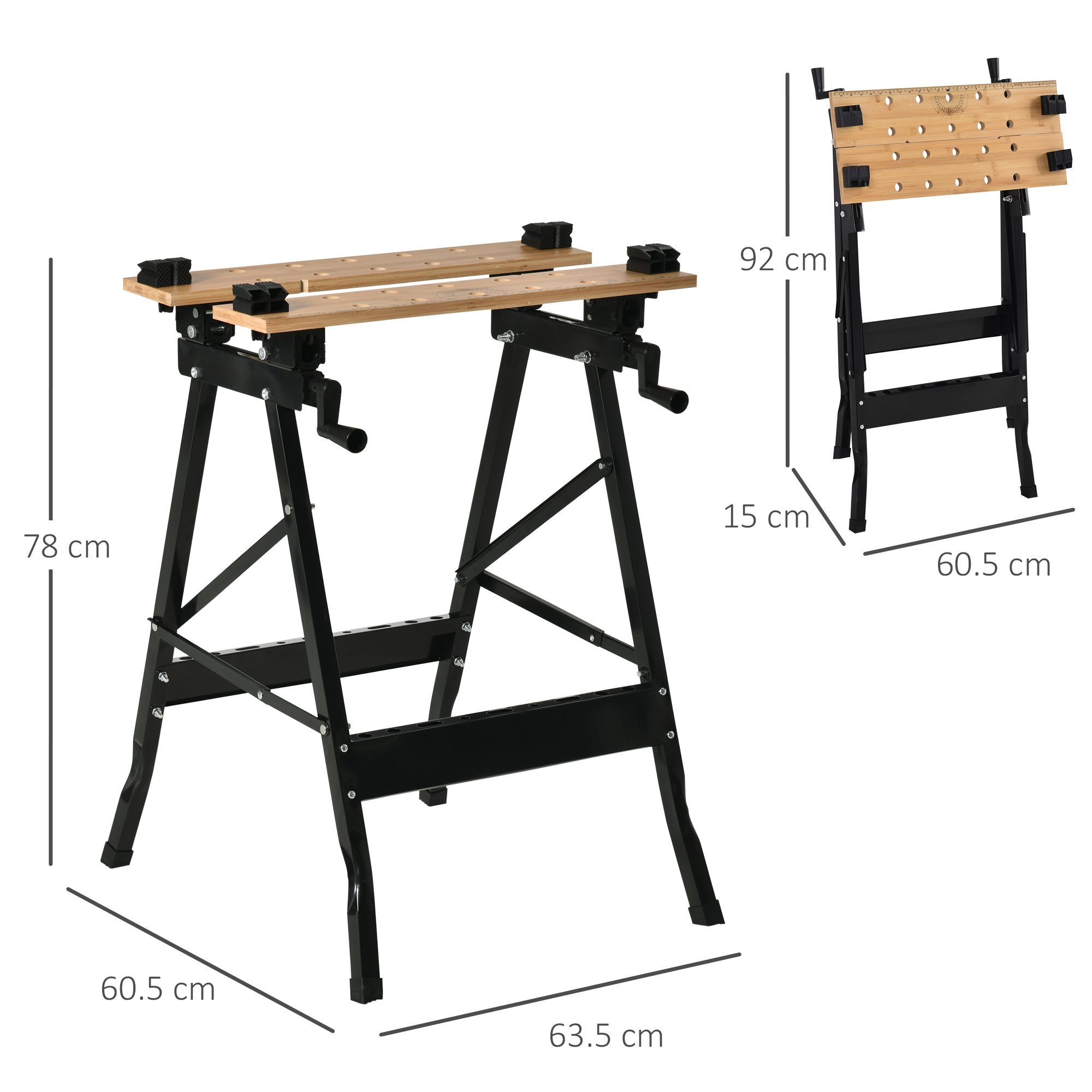 Banco da lavoro pieghevole con piano in legno e gambe in metallo nero.