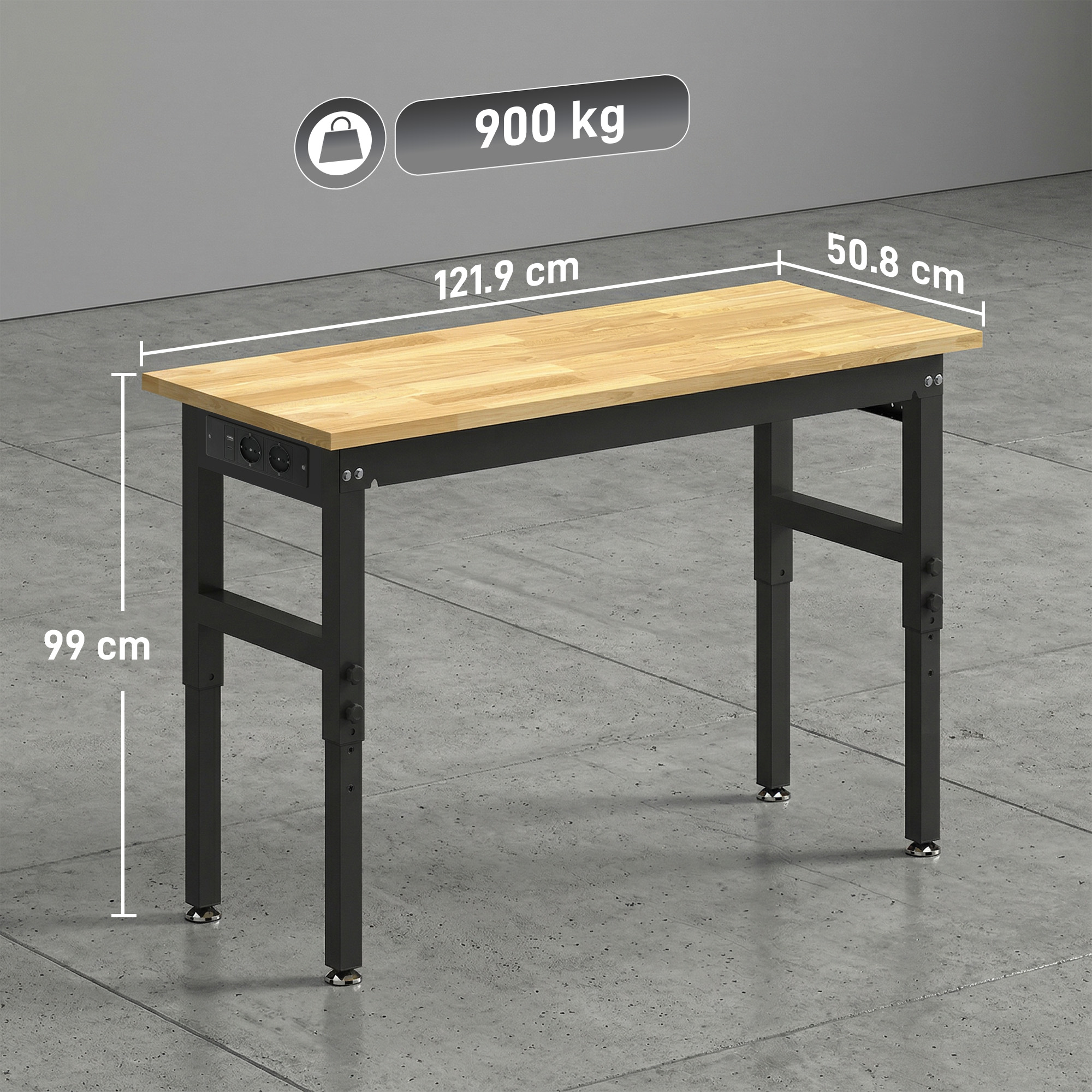 Un banco da lavoro in legno con telaio in metallo nero, 121,9 x 50,8 cm, alto 99 cm.