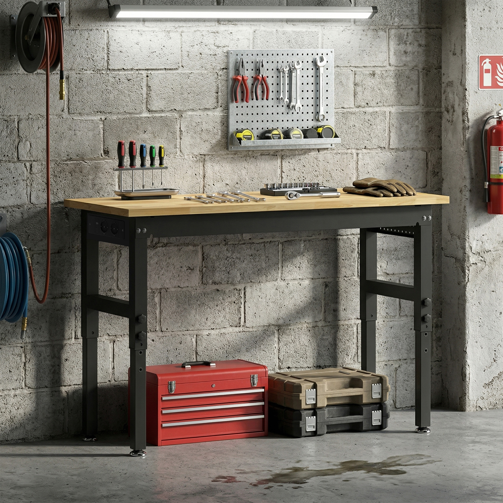 Officina con banco da lavoro, attrezzi, avvolgitubo, estintore e muro di cemento.
