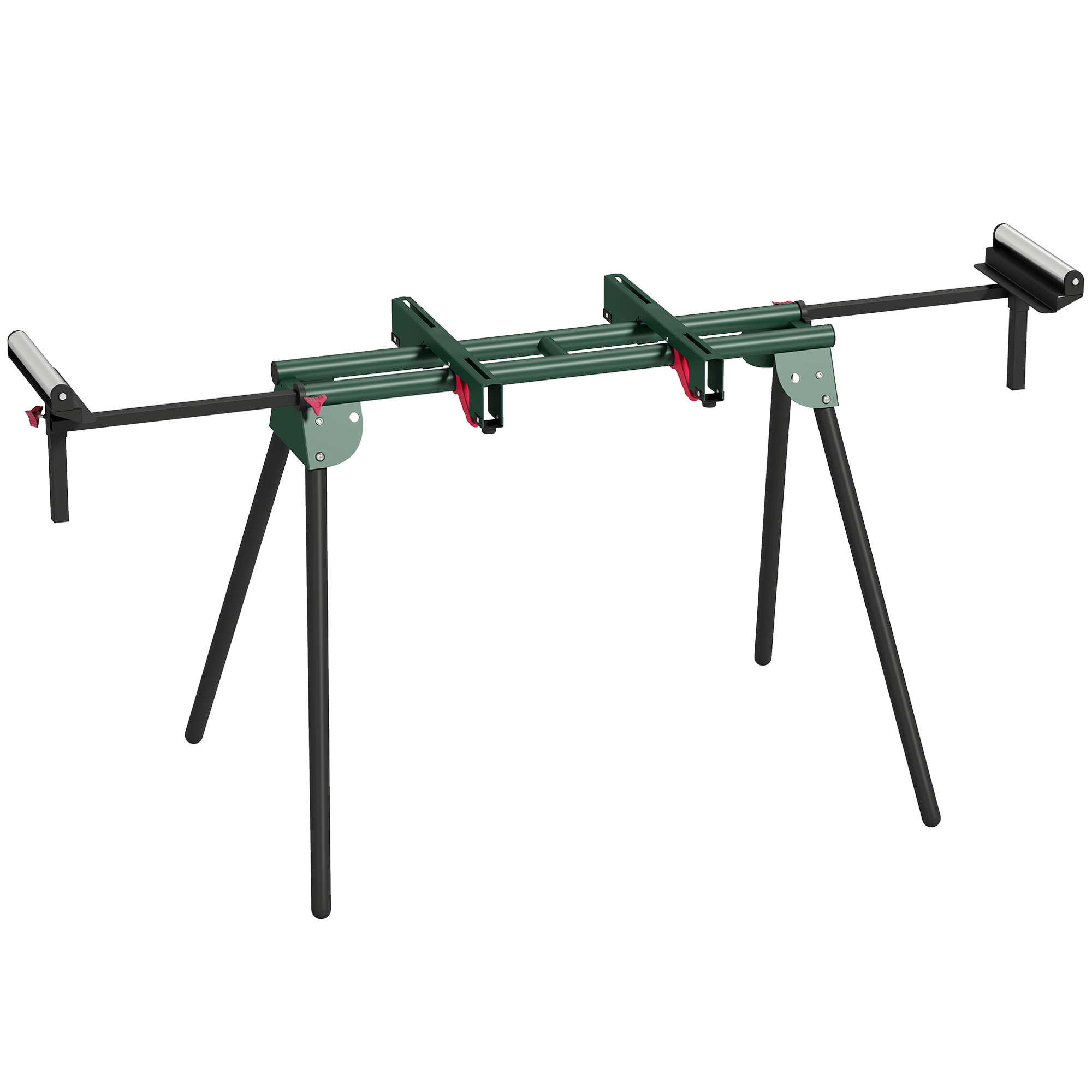 Supporto in metallo verde scuro con rulli e gambe estensibili su sfondo bianco.
