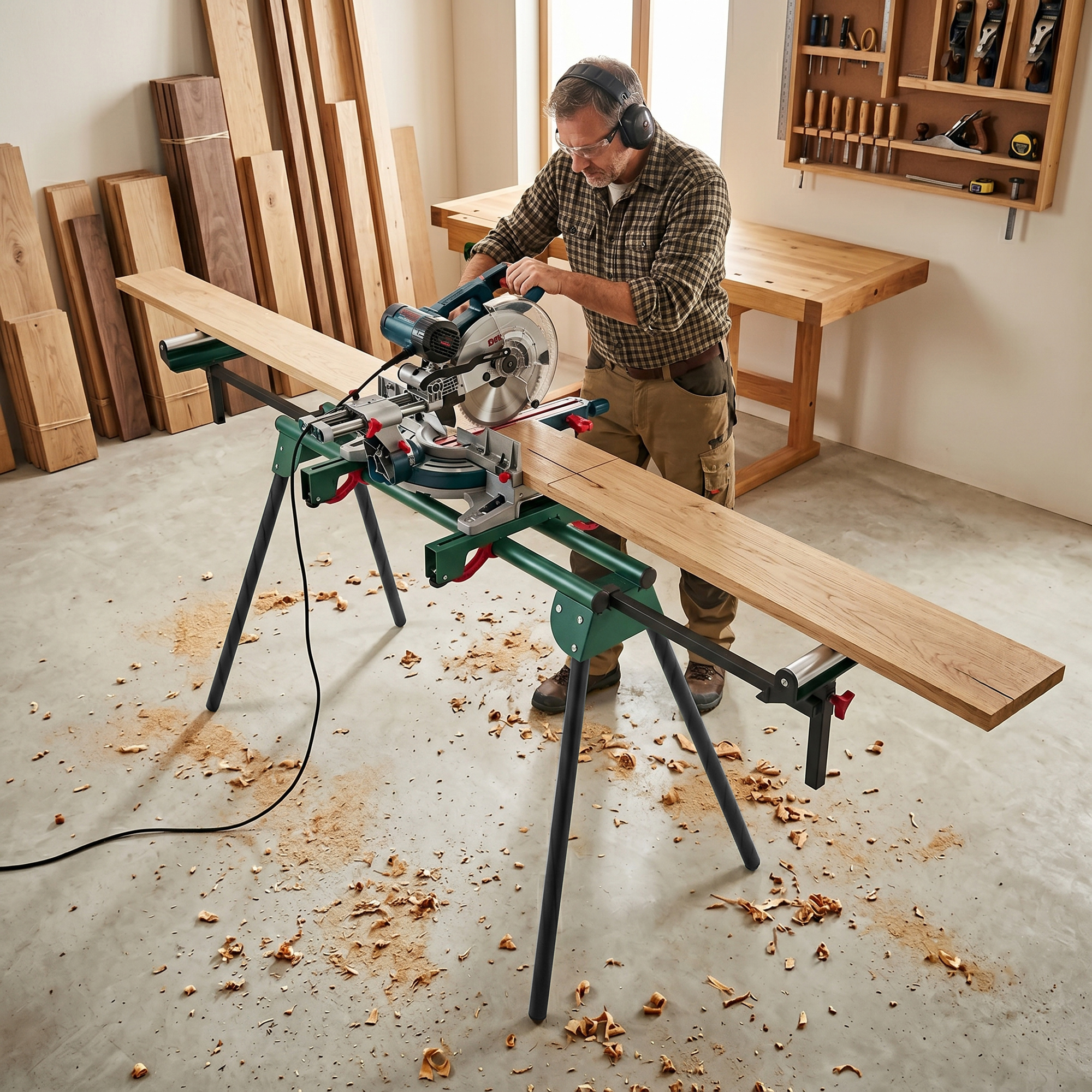 Un uomo taglia legno su un supporto per sega, trucioli di legno sparsi.