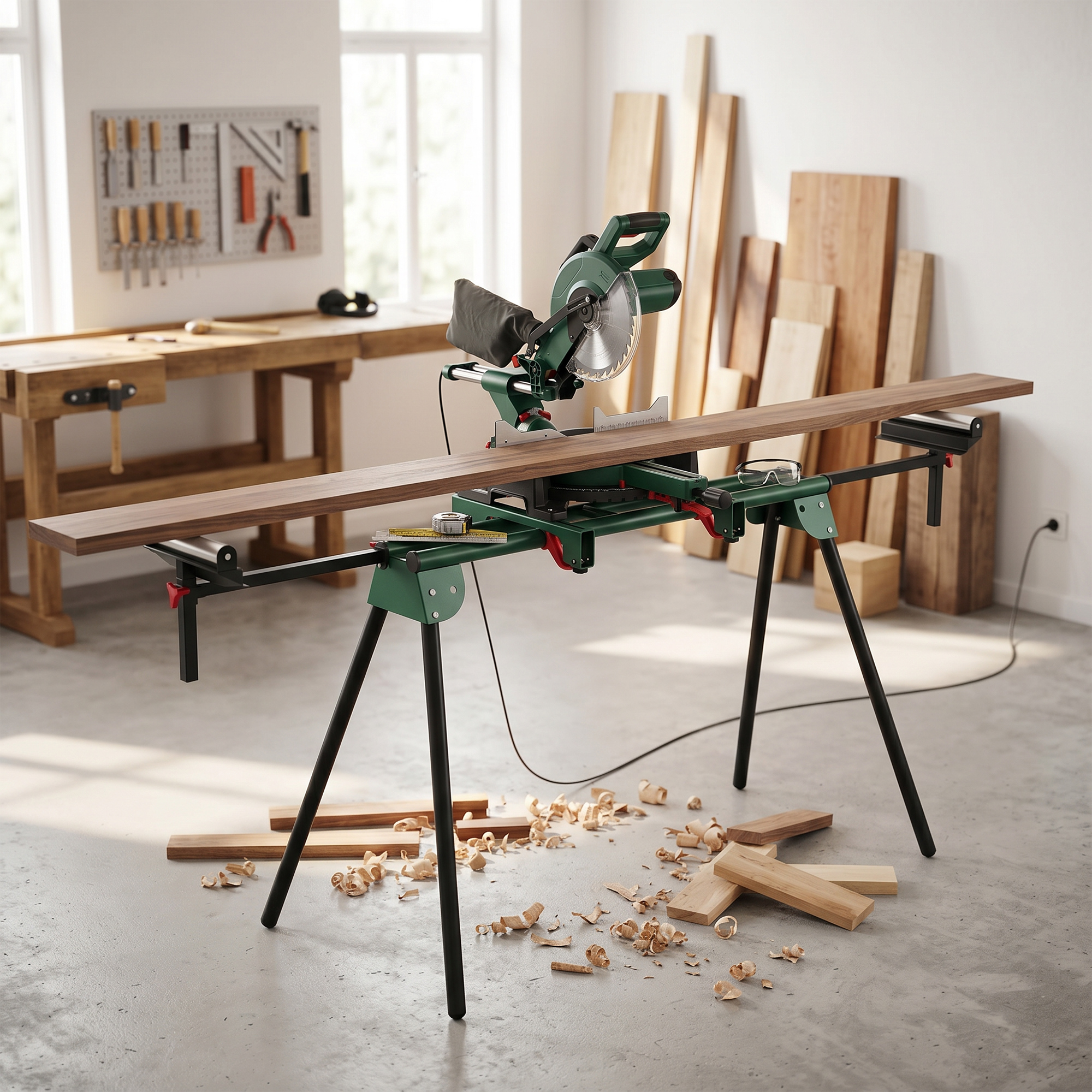 Sega troncatrice verde su supporto con tavola di legno, banco da lavoro e trucioli.