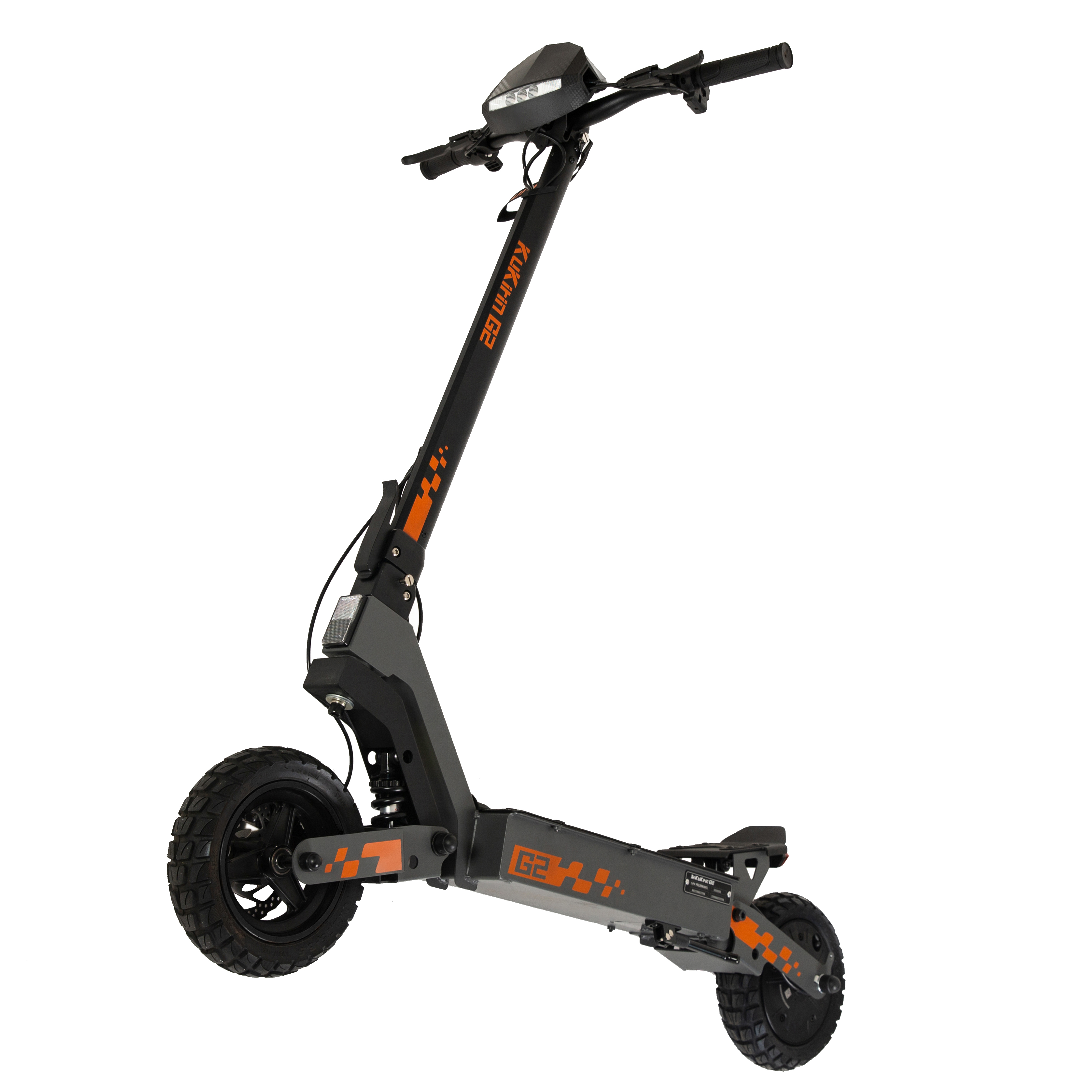 Uno scooter elettrico grigio con accenti arancioni e ruote grandi.