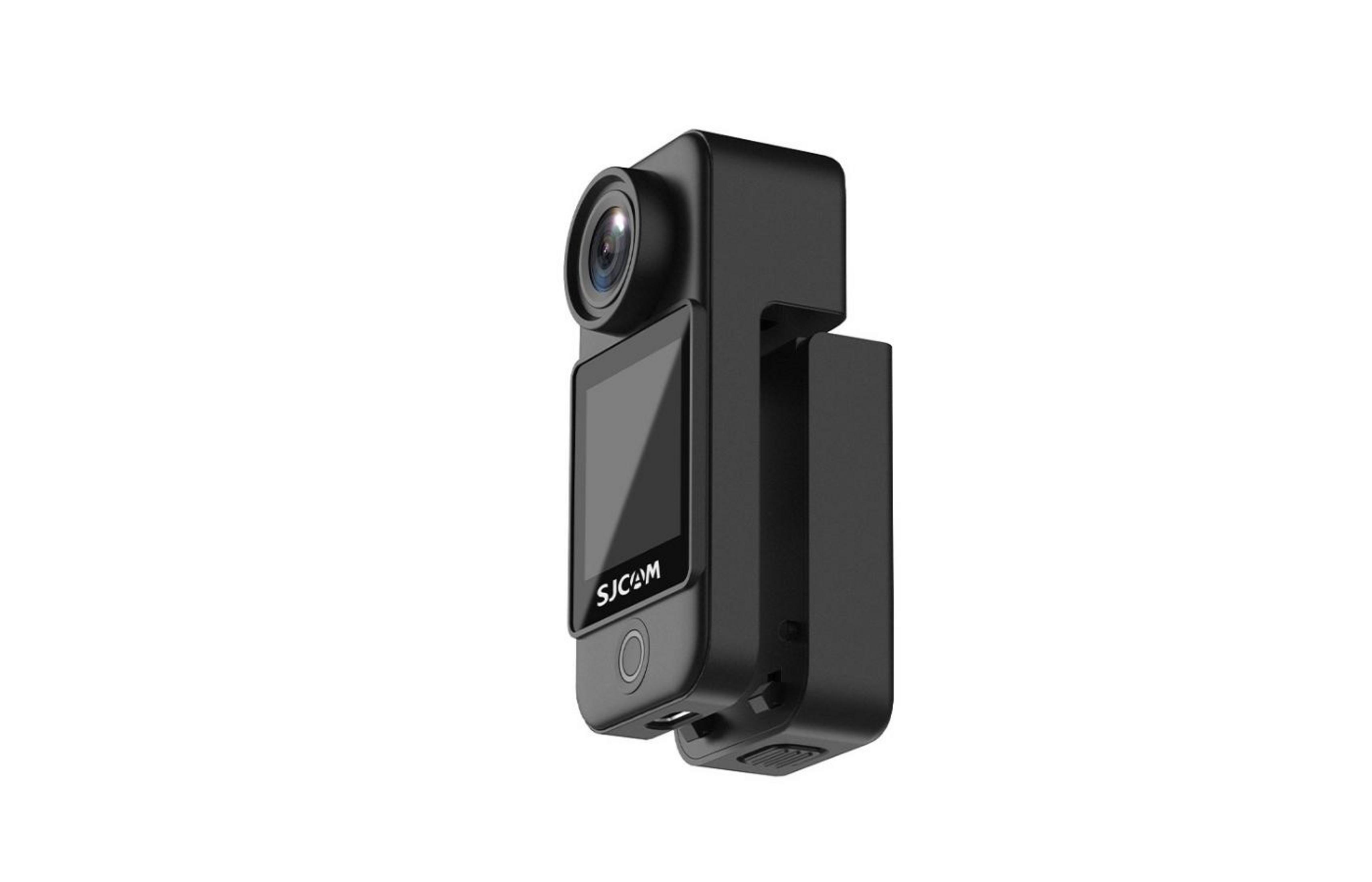 Action camera nera con display e lente, su sfondo bianco.